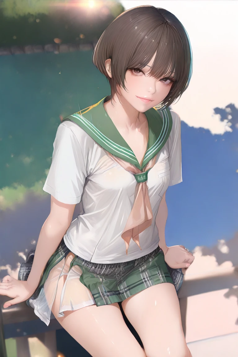 (masterpiece, highest quality, ultra high res, ultra detailed:1.3), 1 cute girl, ideal ratio body proportions, open crotch, serious look, cameltoe, mini skirt, squatting, outstretched legs, knees up, read the grass on the green, clothes covered nipples, (showing off panties:1.3), white shiny panties, holding a putter, front view, golf shoes, high socks, (one eye opened, holding a putter in front of her face:1.2), looking at the ground, 