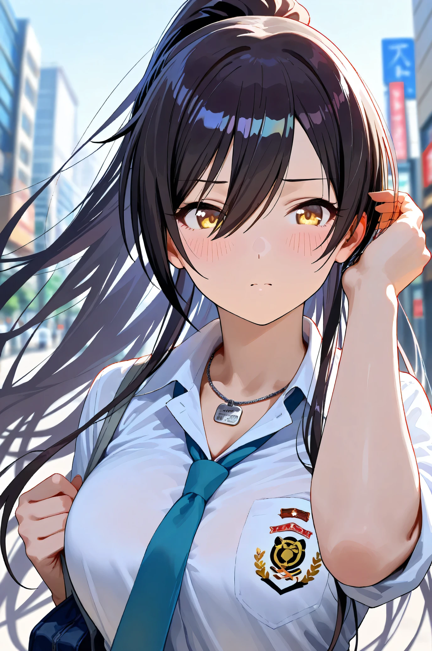(Masterpiece:1.2), (Highest quality:1.1), (Very detailed),
(The best shape), (Best shadow), (Absurd),
(Detailed Background), (So beautiful), Shiny,
Beautiful eyes in every detail, Extraordinary, Countershading, 8k, 32K, High resolution,
Very Detailed CG, UHD,
Score_9, Score_8_up, Score_7_up, Source_anime,
(Pastel painting:1.2), (Watercolor painting:1.2),
(Masterpiece, Detailed:1.2), (Foreshortening:1.2),
Cinematic, Dramatic, (Depth of field:1.4),
(Blurry background:1.4), (Realistic background:1.4),
1 girl, Solo, Dynamic angle, From below,
Japan, Big city, Outdoor, Street, Wind,
Shirase Sakuya,
The idolmaster shiny colors,
srssky, very long hair, black hair, high ponytail, bangs, hair between eyes, yellow eyes, (large breasts:0.5),
School uniform,
Shirt, Collared shirt, White shirt, Light blue tie,
DogTag,
(Blush:1.3),
Portrait, Focus on face,
Realistic skin, Shiny skin,
