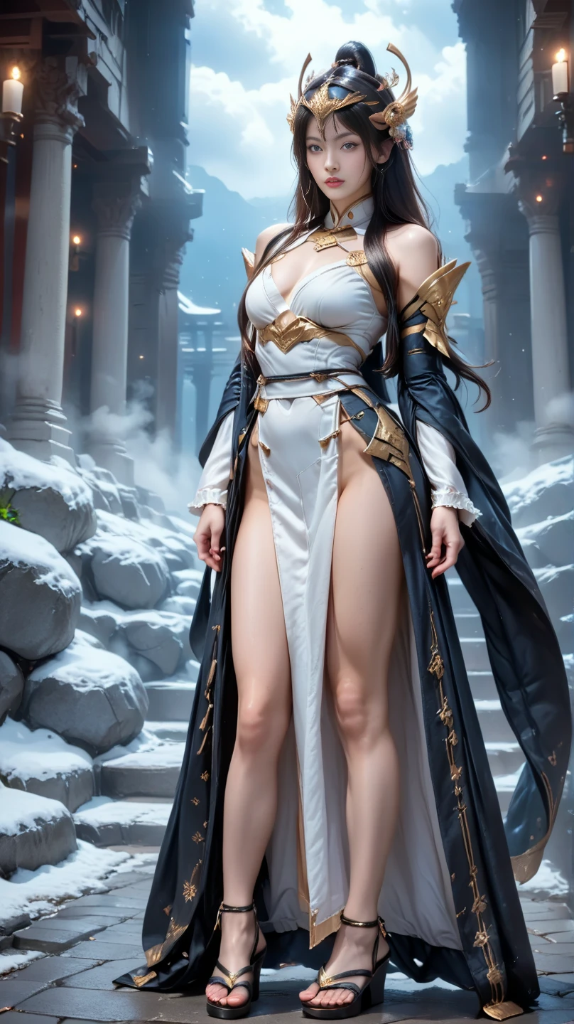 ((Highest quality,4K,High resolution,masterpiece:1.2)),((Character Concept Art)), 1 female, 20-year-old women, ((Shoulder-length brown hair、Hair curled loosely inwards)), (Skin as white as snow), Very detailed eyes (Brown Eye Color), have confidence, beautiful, slim body build, Big Breasts、((Intricate details)), Very finely crafted needles, Very finely crafted fingers(((10 fingers))), Superwoman Costumes, (Full-body showcase), (Show whole body),A shy smile、Deep in the dark snow、((With open arms、Standing gracefully:1.5))