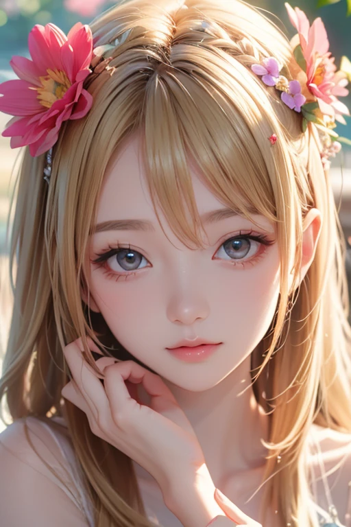 masterpiece, top quality, super detailed, high resolution, (realistic, photorealistic:1.37), excellent anatomy, beautiful 1 woman, very delicate and beautiful, wonderful, In detail, best illustrations, complex, sharp focus, alone, blonde, red eyes, florist's storefront, potted flowers, flowers for sale, best light, best shadow, mysterious, perfect face, highly detailed,