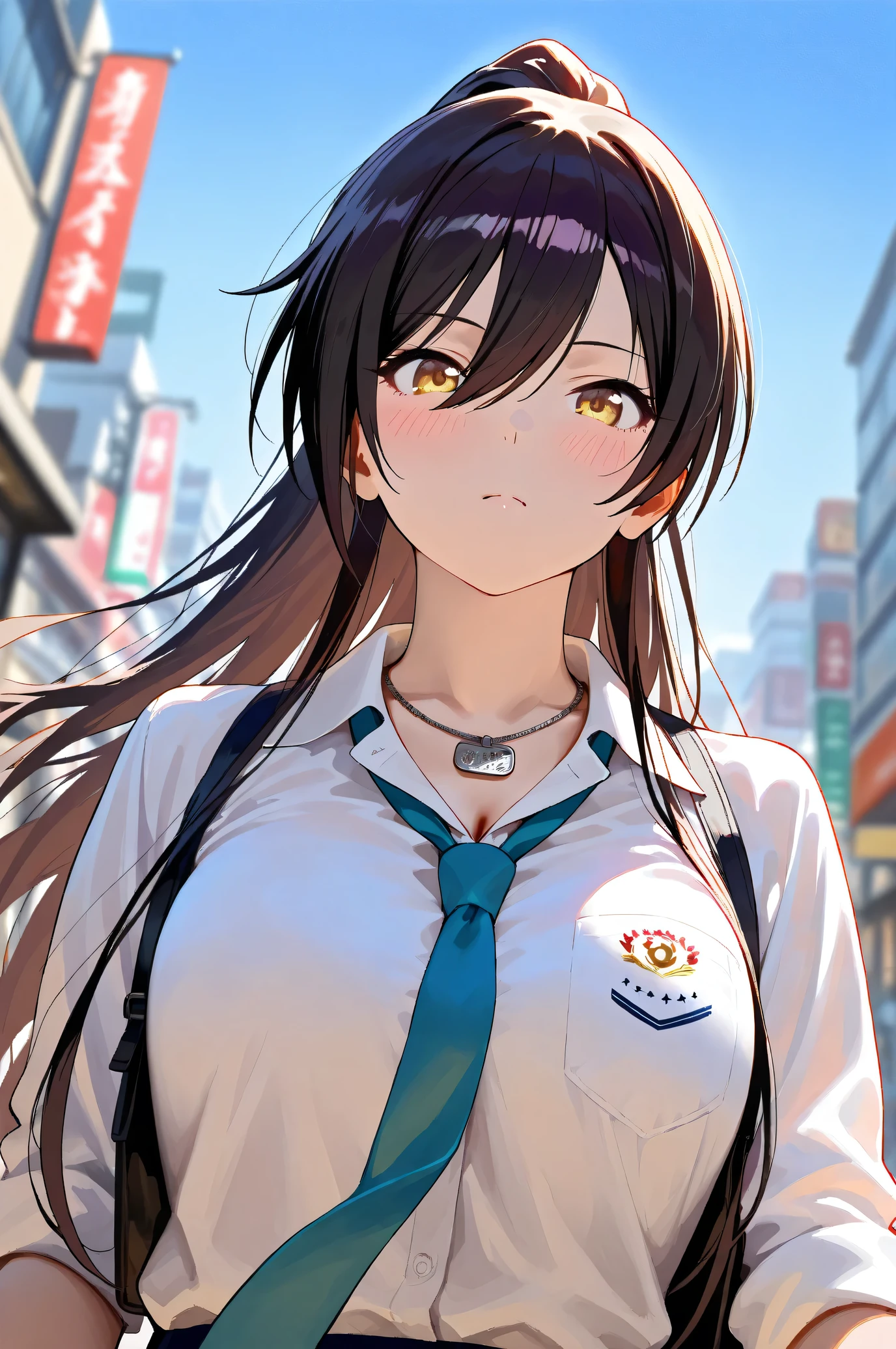 (Masterpiece:1.2), (Highest quality:1.1), (Very detailed),
(The best shape), (Best shadow), (Absurd),
(Detailed Background), (So beautiful), Shiny,
Beautiful eyes in every detail, Extraordinary, Countershading, 8k, 32K, High resolution,
Very Detailed CG, UHD,
Score_9, Score_8_up, Score_7_up, Source_anime,
(Pastel painting:1.2), (Watercolor painting:1.2),
(Masterpiece, Detailed:1.2), (Foreshortening:1.2),
Cinematic, Dramatic, (Depth of field:1.4),
(Blurry background:1.4), (Realistic background:1.4),
1 girl, Solo, Dynamic angle, From below,
Japan, Big city, Outdoor, Street, Wind,
Shirase Sakuya,
The idolmaster shiny colors,
srssky, very long hair, black hair, high ponytail, bangs, hair between eyes, yellow eyes, (large breasts:0.5),
School uniform,
Shirt, Collared shirt, White shirt, Light blue tie,
DogTag,
(Blush:1.3),
Portrait, Focus on face,
Realistic skin, Shiny skin,