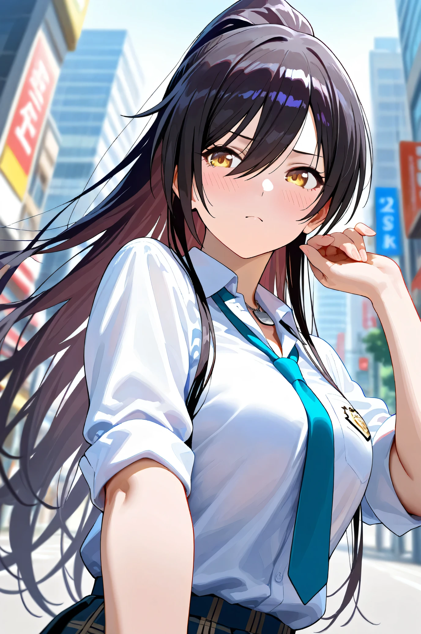(Masterpiece:1.2), (Highest quality:1.1), (Very detailed),
(The best shape), (Best shadow), (Absurd),
(Detailed Background), (So beautiful), Shiny,
Beautiful eyes in every detail, Extraordinary, Countershading, 8k, 32K, High resolution,
Very Detailed CG, UHD,
Score_9, Score_8_up, Score_7_up, Source_anime,
(Pastel painting:1.2), (Watercolor painting:1.2),
(Masterpiece, Detailed:1.2), (Foreshortening:1.2),
Cinematic, Dramatic, (Depth of field:1.4),
(Blurry background:1.4), (Realistic background:1.4),
1 girl, Solo, Dynamic angle, From below,
Japan, Big city, Outdoor, Street, Wind,
Shirase Sakuya,
The idolmaster shiny colors,
srssky, very long hair, black hair, high ponytail, bangs, hair between eyes, yellow eyes, (large breasts:0.5),
School uniform,
Shirt, Collared shirt, White shirt, Light blue tie,
DogTag,
(Blush:1.3),
Portrait, Focus on face,
Realistic skin, Shiny skin,