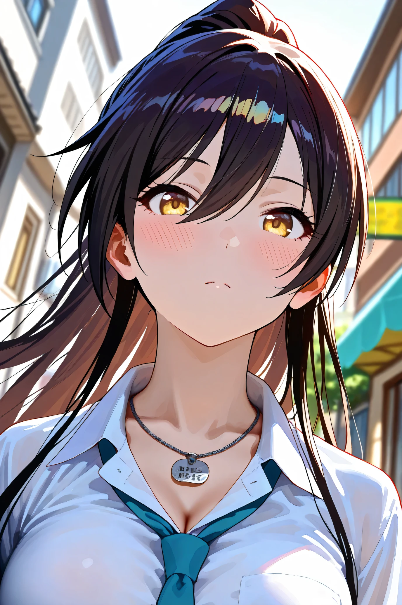 (Masterpiece:1.2), (Highest quality:1.1), (Very detailed), 
(The best shape), (Best shadow), (Absurd), 
(Detailed Background), (So beautiful), Shiny, 
Beautiful eyes in every detail, Extraordinary, Countershading, 8k, 32K, High resolution, 
Very Detailed CG, UHD,

Score_9, Score_8_up, Score_7_up, Source_anime, 
(Pastel painting:1.2), (Watercolor painting:1.2),
(Masterpiece, Detailed:1.2), (Foreshortening:1.2),

Cinematic, Dramatic, (Depth of field:1.4), 
(Blurry background:1.4), (Realistic background:1.4), 
1 girl, Solo, Dynamic angle, From below,
Japan, Big city, Outdoor, Street, Wind,

Shirase Sakuya,
The idolmaster shiny colors,
srssky, very long hair, black hair, high ponytail, bangs, hair between eyes, yellow eyes, (large breasts:0.5), 

School uniform, 
Shirt, Collared shirt, White shirt, Light blue tie,
DogTag,

(Blush:1.3),
Portrait, Focus on face,
Realistic skin, Shiny skin,