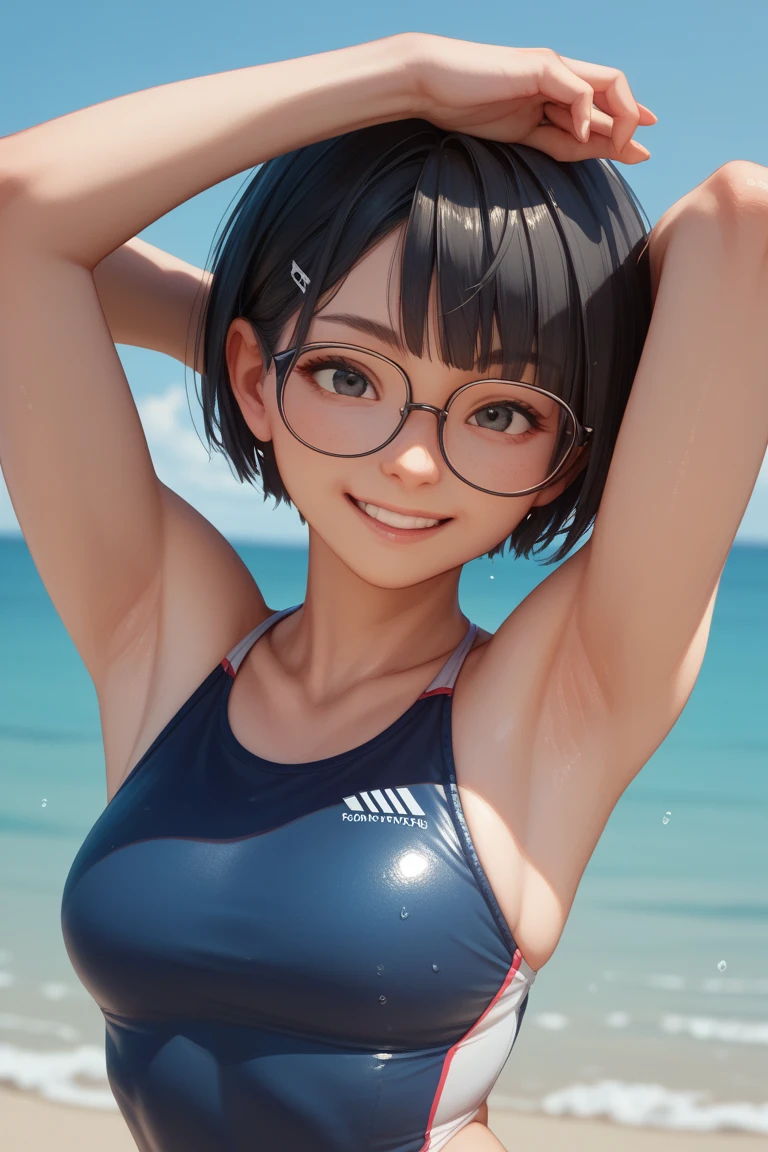 highest quality、Realistic、female、zoom、Chestnut Hair、Blue Eyes、short hair、athlete、muscle、Swimwear、athlete、muscle、Abdominal muscles、Glasses、Sunburned、Tan、Brown Skin、From below、smile、Ocean、Looking down、、Small breasts、Bust Shot、　