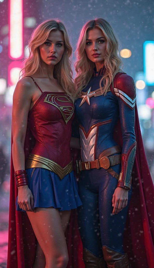 Raw photo, beautiful woman, detailed body outlined with Superwoman cosplay, big breasts, big breasts, sky background, city, blonde hair, blue eyes,