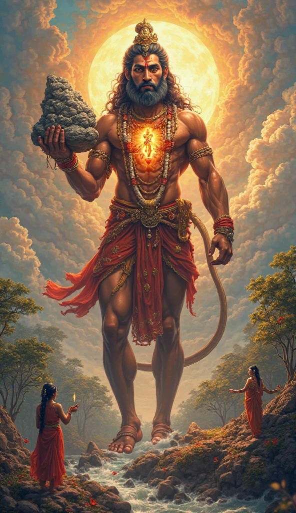 
"Create an image of Lord Hanuman, the revered Hindu deity known for his immense strength and devotion. Depict him as a powerful, divine figure with a muscular physique, carrying a mountain in one hand and his iconic gada (mace) in the other. He should have a calm yet determined expression on his face, wearing traditional golden ornaments and a red dhoti. His long tail curls upwards, and his body is covered in reddish fur. Behind him, show a radiant aura and a backdrop of a serene mountain landscape with a bright, golden sky, symbolizing his divinity and strength."