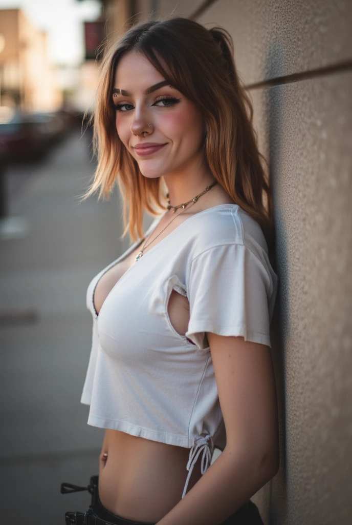 blonde woman 22 years old, big tits, red t-shirt, tight short jeans, curly hair, walking on a street at night