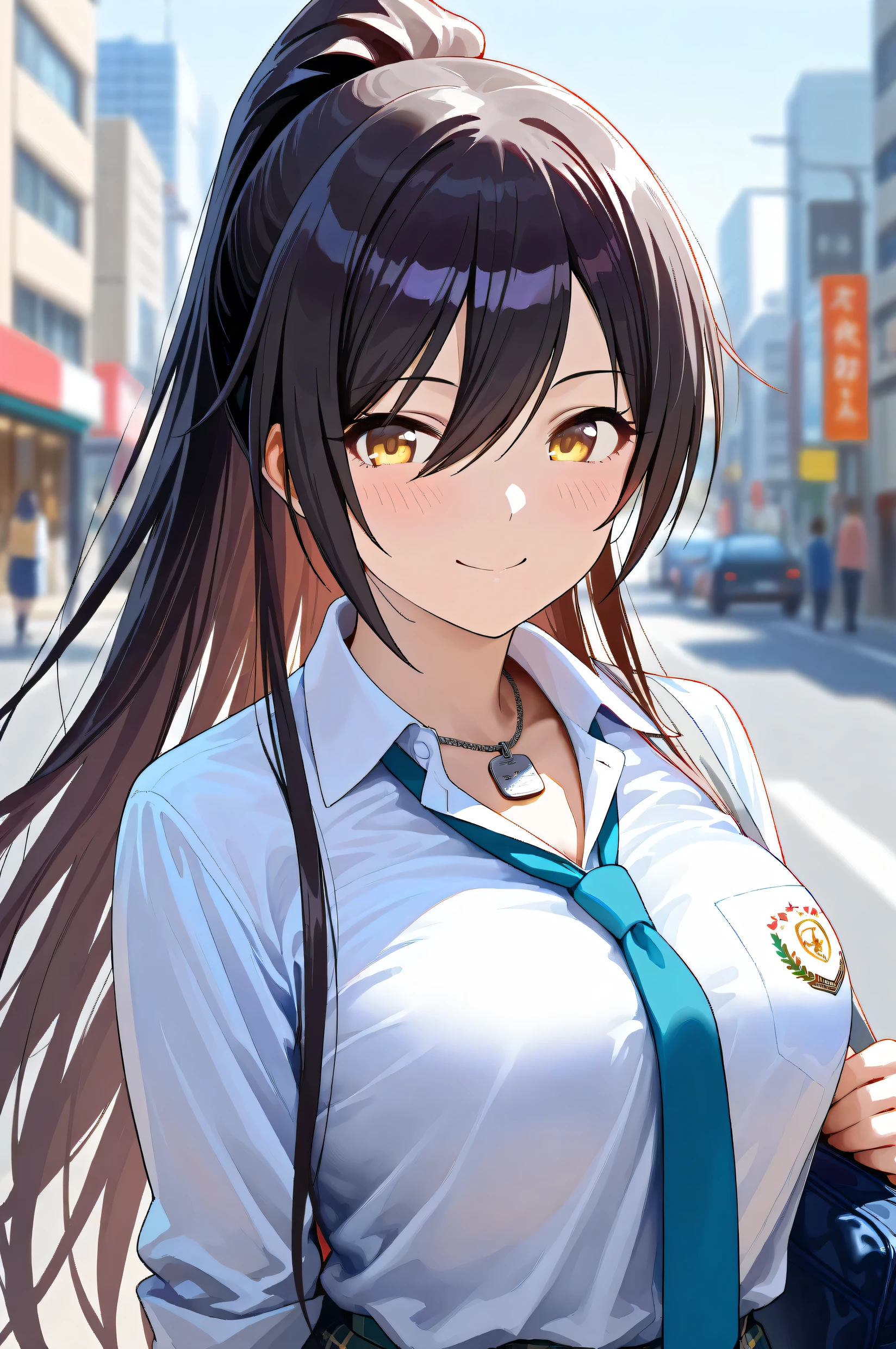 (Masterpiece:1.2), (Highest quality:1.1), (Very detailed),
(The best shape), (Best shadow), (Absurd),
(Detailed Background), (So beautiful), Shiny,
Beautiful eyes in every detail, Extraordinary, Countershading, 8k, 32K, High resolution,
Very Detailed CG, UHD,
Score_9, Score_8_up, Score_7_up, Source_anime,
(Pastel painting:1.2), (Watercolor painting:1.2),
(Masterpiece, Detailed:1.2), (Foreshortening:1.2),
Cinematic, Dramatic, (Depth of field:1.4),
(Blurry background:1.4), (Realistic background:1.4),
1 girl, Solo, Dynamic angle,
Japan, Big city, Outdoor, Street, Wind,
Shirase Sakuya,
The idolmaster shiny colors,
srssky, very long hair, black hair, high ponytail, bangs, hair between eyes, yellow eyes, (large breasts:0.7),
School uniform,
Shirt, Collared shirt, White shirt, Light blue tie,
DogTag,
(Blush:1.3),
Portrait,
Happy, Smile,
Focus on face,
Realistic skin, Shiny skin,