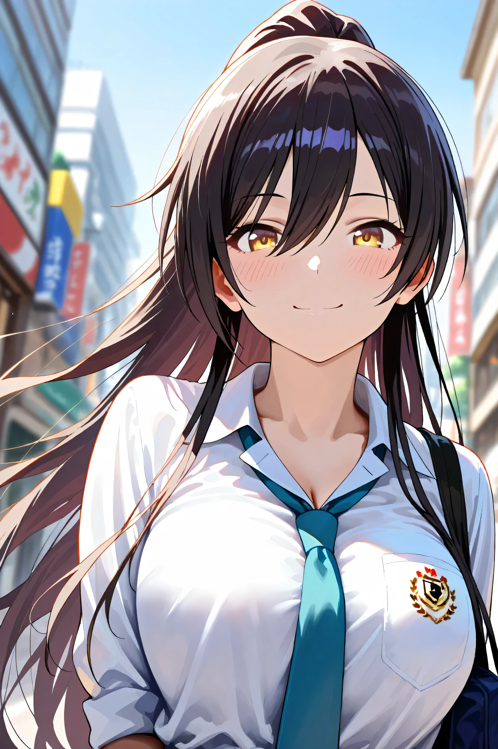 (Masterpiece:1.2), (Highest quality:1.1), (Very detailed),
(The best shape), (Best shadow), (Absurd),
(Detailed Background), (So beautiful), Shiny,
Beautiful eyes in every detail, Extraordinary, Countershading, 8k, 32K, High resolution,
Very Detailed CG, UHD,
Score_9, Score_8_up, Score_7_up, Source_anime,
(Pastel painting:1.2), (Watercolor painting:1.2),
(Masterpiece, Detailed:1.2), (Foreshortening:1.2),
Cinematic, Dramatic, (Depth of field:1.4),
(Blurry background:1.4), (Realistic background:1.4),
1 girl, Solo, Dynamic angle, From below,
Japan, Big city, Outdoor, Street, Wind,
Shirase Sakuya,
The idolmaster shiny colors,
srssky, very long hair, black hair, high ponytail, bangs, hair between eyes, yellow eyes, (large breasts:0.7),
School uniform,
Shirt, Collared shirt, White shirt, Light blue tie,
DogTag,
(Blush:1.3),
Portrait, Happy, Smile,
Focus on face,
Realistic skin, Shiny skin,