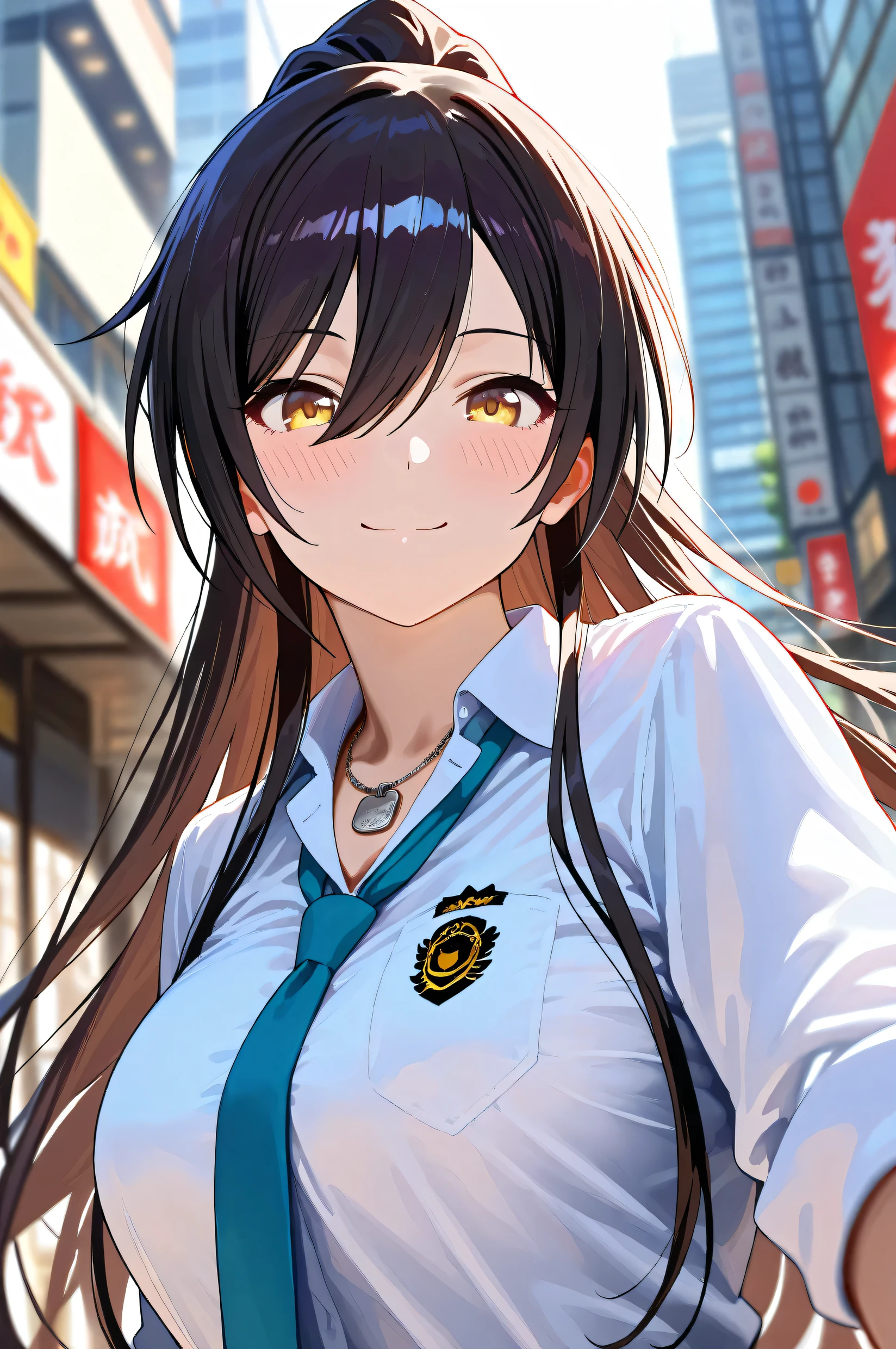 (Masterpiece:1.2), (Highest quality:1.1), (Very detailed),
(The best shape), (Best shadow), (Absurd),
(Detailed Background), (So beautiful), Shiny,
Beautiful eyes in every detail, Extraordinary, Countershading, 8k, 32K, High resolution,
Very Detailed CG, UHD,
Score_9, Score_8_up, Score_7_up, Source_anime,
(Pastel painting:1.2), (Watercolor painting:1.2),
(Masterpiece, Detailed:1.2), (Foreshortening:1.2),
Cinematic, Dramatic, (Depth of field:1.4),
(Blurry background:1.4), (Realistic background:1.4),
1 girl, Solo, Dynamic angle, From below,
Japan, Big city, Outdoor, Street, Wind,
Shirase Sakuya,
The idolmaster shiny colors,
srssky, very long hair, black hair, high ponytail, bangs, hair between eyes, yellow eyes, (large breasts:0.7),
School uniform,
Shirt, Collared shirt, White shirt, Light blue tie,
DogTag,
(Blush:1.3),
Portrait, Happy, Smile,
Focus on face,
Realistic skin, Shiny skin,