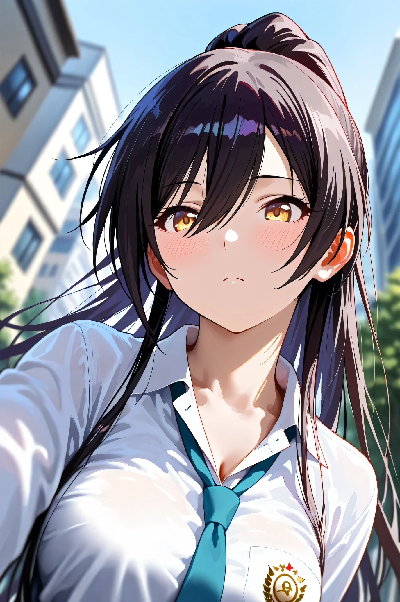 (Masterpiece:1.2), (Highest quality:1.1), (Very detailed), 
(The best shape), (Best shadow), (Absurd), 
(Detailed Background), (So beautiful), Shiny, 
Beautiful eyes in every detail, Extraordinary, Countershading, 8k, 32K, High resolution, 
Very Detailed CG, UHD,

Score_9, Score_8_up, Score_7_up, Source_anime, 
(Pastel painting:1.2), (Watercolor painting:1.2),
(Masterpiece, Detailed:1.2), (Foreshortening:1.2),

Cinematic, Dramatic, (Depth of field:1.4), 
(Blurry background:1.4), (Realistic background:1.4), 
1 girl, Solo, Dynamic angle, From below,
Japan, Big city, Outdoor, Street, Wind,

Shirase Sakuya,
The idolmaster shiny colors,
srssky, very long hair, black hair, high ponytail, bangs, hair between eyes, yellow eyes, (large breasts:0.5), 

School uniform, 
Shirt, Collared shirt, White shirt, Light blue tie,
DogTag,

(Blush:1.3),
Portrait, Focus on face,
Realistic skin, Shiny skin,