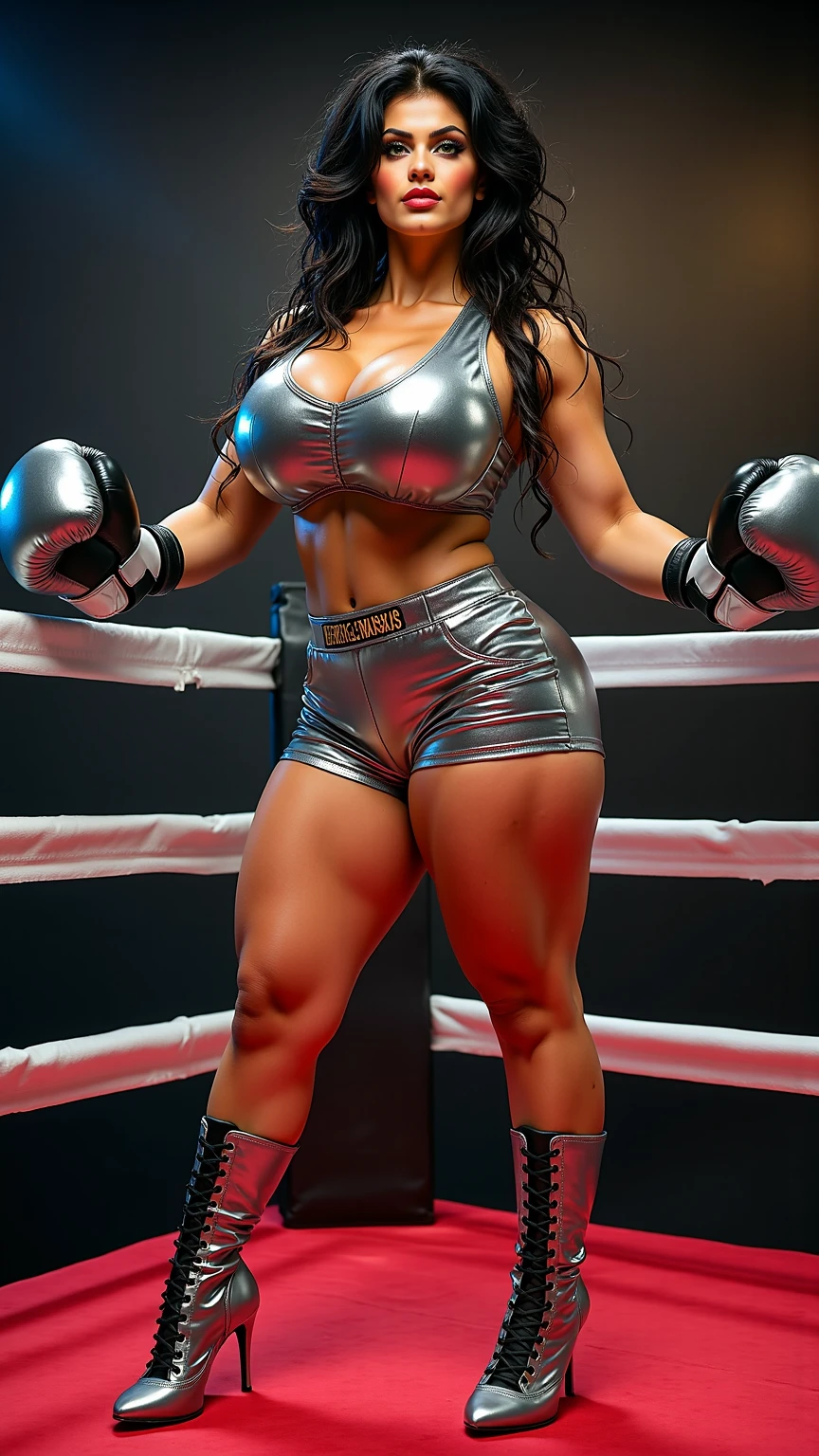 (best quality,highres:1.2), (ultra-detailed), (realistic:1.37), (HDR,UHD), (physically-based rendering), (Gorgeous and stunning curvy voluptuous Denise Milani), beautiful supermodel face, ((topless, exposed chest)), ((glossy black boxing shorts:1.3)), ((short stiletto-heeled boxing boots)), ((full breasts:1.3)), ((perky breasts:1.3)), ((cropped, straightened jet-black hair:1.2)), (beautiful large green eyes):1.3), ((thick legs:1.3)), (boxing pose in a boxing ring), (full body portrait), sexy fighter, (boxing shorts), big_boltedontits, boltedontits, th3p1t,