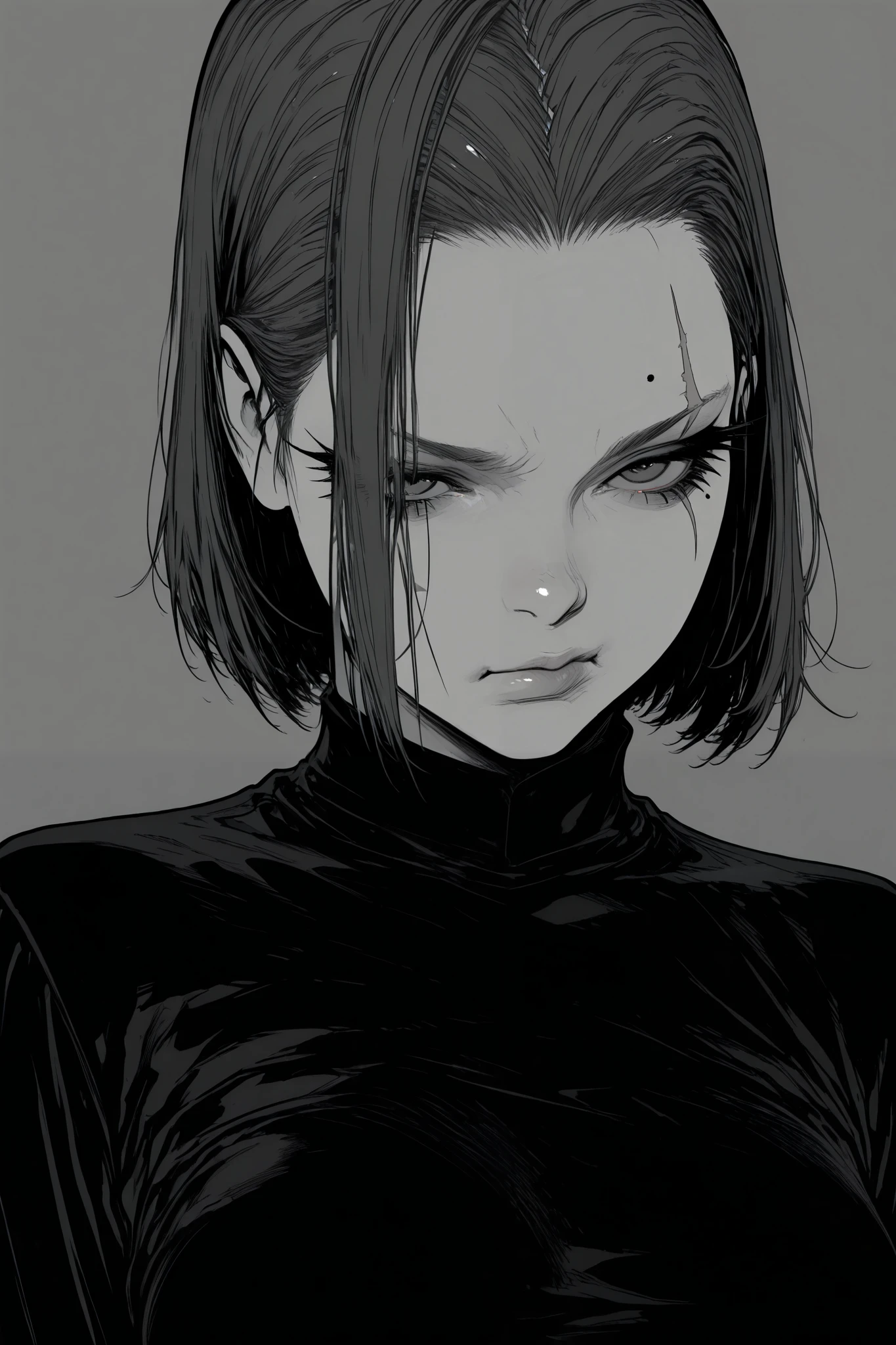 monochrome, greyscale, Line art, lineart, Timbrook, HDR, 8K, high contrast, masterpiece, best quality, amazing quality, very aesthetic, anime artstyle, realistic, newest,
BREAK
monochrome, greyscale, Line art, lineart, Timbrook
BREAK
1girl, beauty mark under one eye , pout , large eyelashes, medium breasts , portrait , torso shot , bob cut , shoulder length hair , slicked back from the right side , hair over left eye . scar over right eye