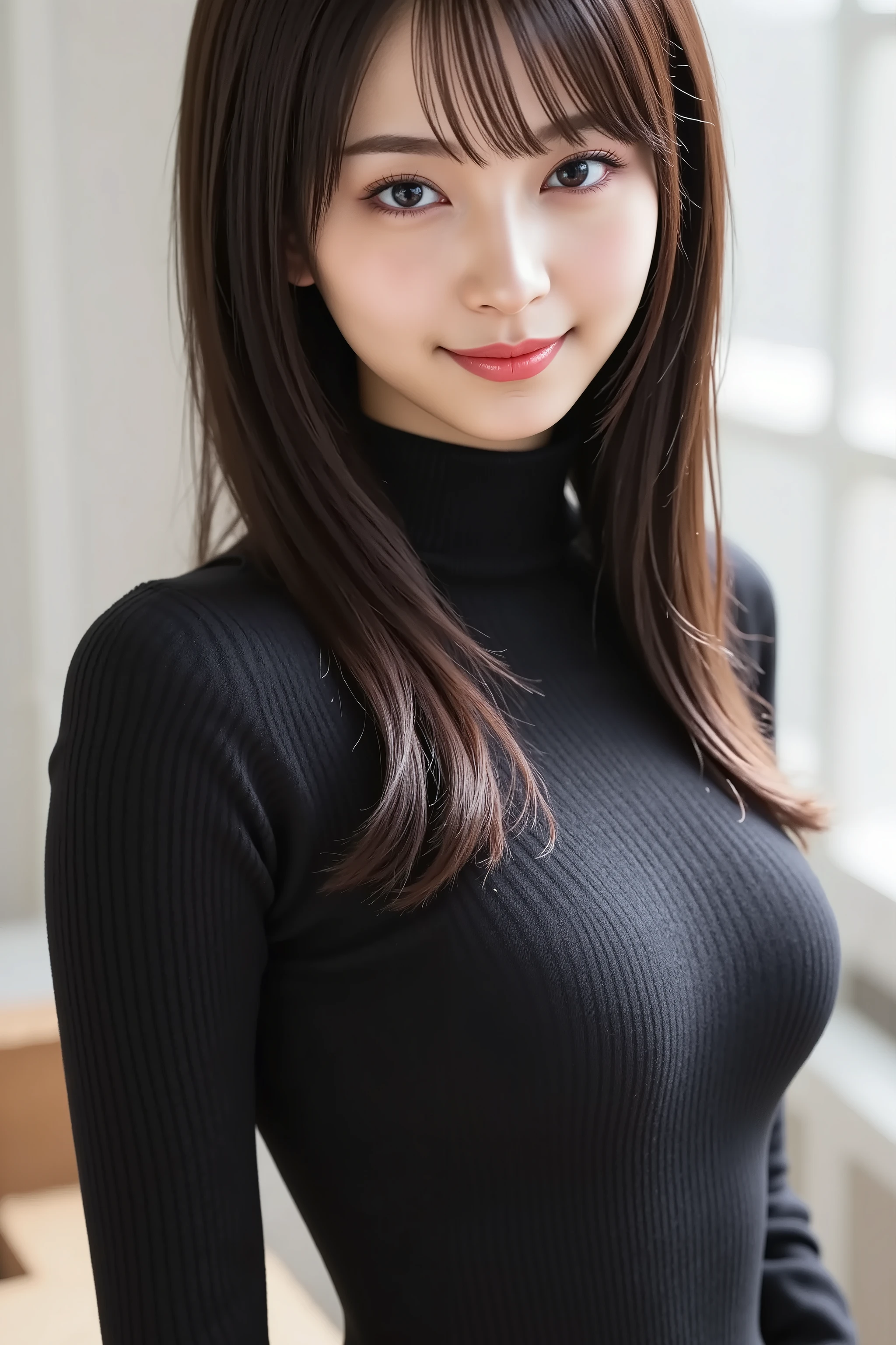face center of image, masterpiece, fine, clean skin、plain black high neck long sleeve ribbed slim fit t-shirt、long black hair, Bangs, smile, 8k, shooting studio background 、Full head