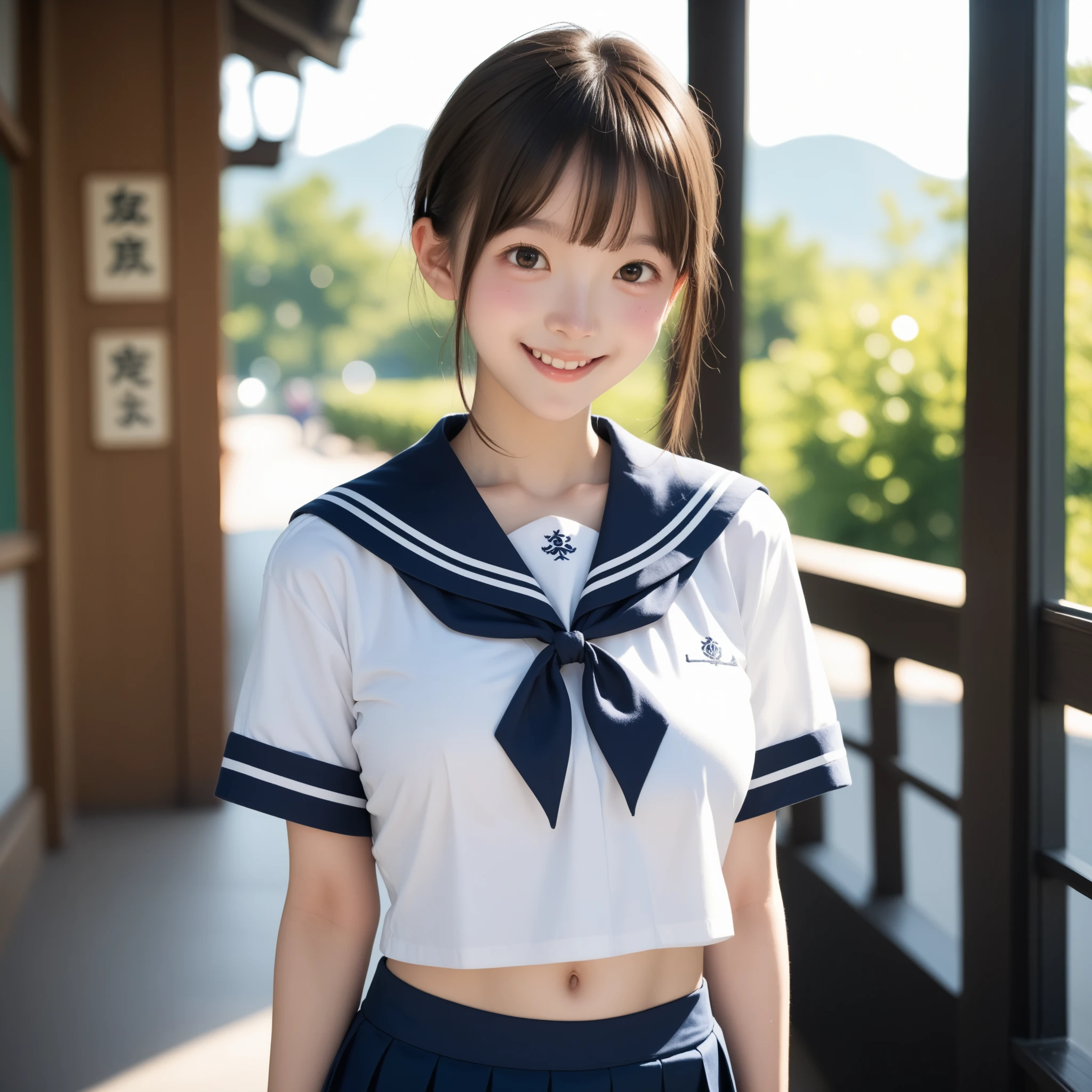 (best quality, 8k, 32k, masterpiece, UHD:1.2), (RAW photo), (realistic), (photorealistic:1.2), (high resolution), huge filesize, ultra-detailed, extremely beautiful face & eyes, 1girl, japanese ,14yo, 13yo, 12yo, round s face,y facein waist, large breasts,portions, thin thighs, (darkblue pleated mini skirt, japanese sailor, sailor fuku, serafuku, japanese school sailor suit), nice hands, perfect hands, accurate hand depiction, sweaty, shy smile, pure white teeth, from below, blue sky, skyscraper, rooftop at dawn, summer,