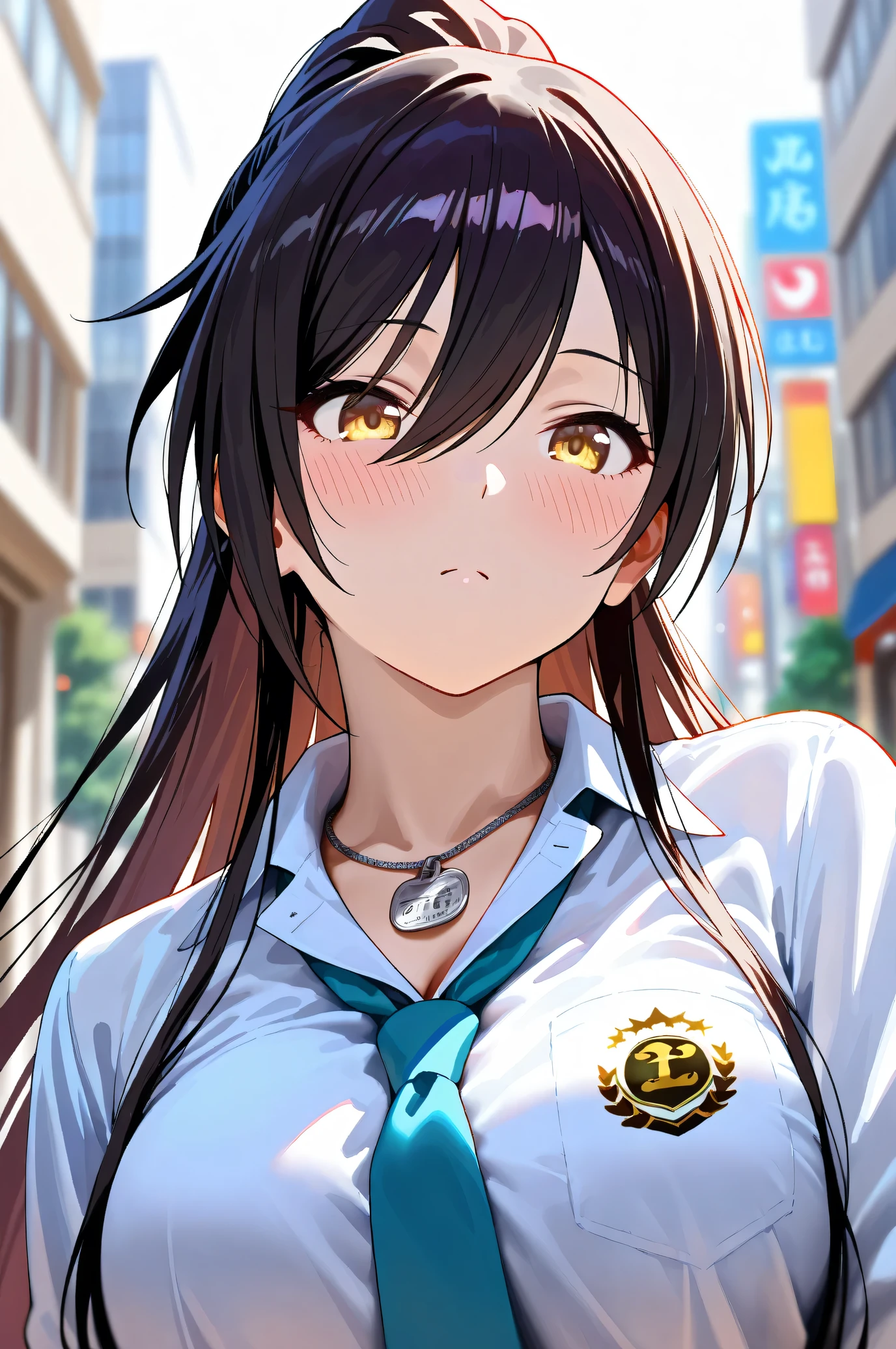 (Masterpiece:1.2), (Highest quality:1.1), (Very detailed),
(The best shape), (Best shadow), (Absurd),
(Detailed Background), (So beautiful), Shiny,
Beautiful eyes in every detail, Extraordinary, Countershading, 8k, 32K, High resolution,
Very Detailed CG, UHD,
Score_9, Score_8_up, Score_7_up, Source_anime,
(Pastel painting:1.2), (Watercolor painting:1.2),
(Masterpiece, Detailed:1.2), (Foreshortening:1.2),
Cinematic, Dramatic, (Depth of field:1.4),
(Blurry background:1.4), (Realistic background:1.4),
1 girl, Solo, Dynamic angle, From below,
Japan, Big city, Outdoor, Street, Wind,
Shirase Sakuya,
The idolmaster shiny colors,
srssky, very long hair, black hair, high ponytail, bangs, hair between eyes, yellow eyes, (large breasts:0.5),
School uniform,
Shirt, Collared shirt, White shirt, Light blue tie,
DogTag,
(Blush:1.3),
Portrait, Focus on face,
Realistic skin, Shiny skin,