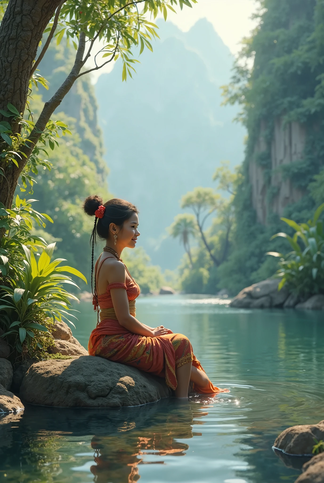 Bhutanese stupa surrounded by lake where beautiful mermaid sitting on the rock looking for the love one