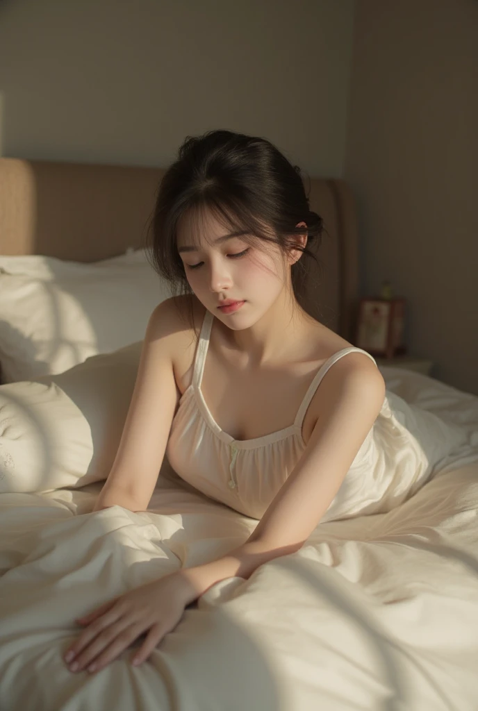 Young Asian girl in white cheongsam with embroidery looking sexy, long bare legs look in bed asleep