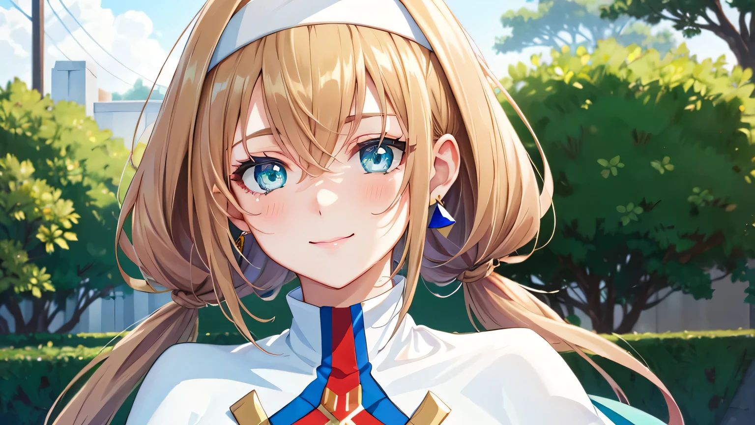 {{{masterpiece}}}, (best quality:1.5), (ultra-detailed:1.5), {illustration}, {{an extremely delicate and beautiful}}, (beautiful detailed eyes:1.6), absurdres, highres, extremely detailed face, 16k, hd, visual anime de uma jovem mulher, extremamente bonito rosto de anime, anime melhor garota, (perfect hands, perfect anatomy), anime face, mitsuba1, Mitsuba Greyvalley(SUPER ROBOT WARS 30), 1girl, solo, cute face, blonde hair, twintails, low twintails, hairband, white hairband, long hair, hair behind ear, bangs, sidelocks, blue eyes, triangle earrings, large breasts, BREAK, uniform, mini bodycon dress, (white capelet:1.2), capelet, Mitsuba Greyvalley's military uniform, blue dress, long sleeve, military uniform, jewelry, BREAK, smiling, flushed cheeks, (portrait:1.5), outdoor, Medieval Europe, daytime, building, (cute gestures:1.2), medium close-up shot