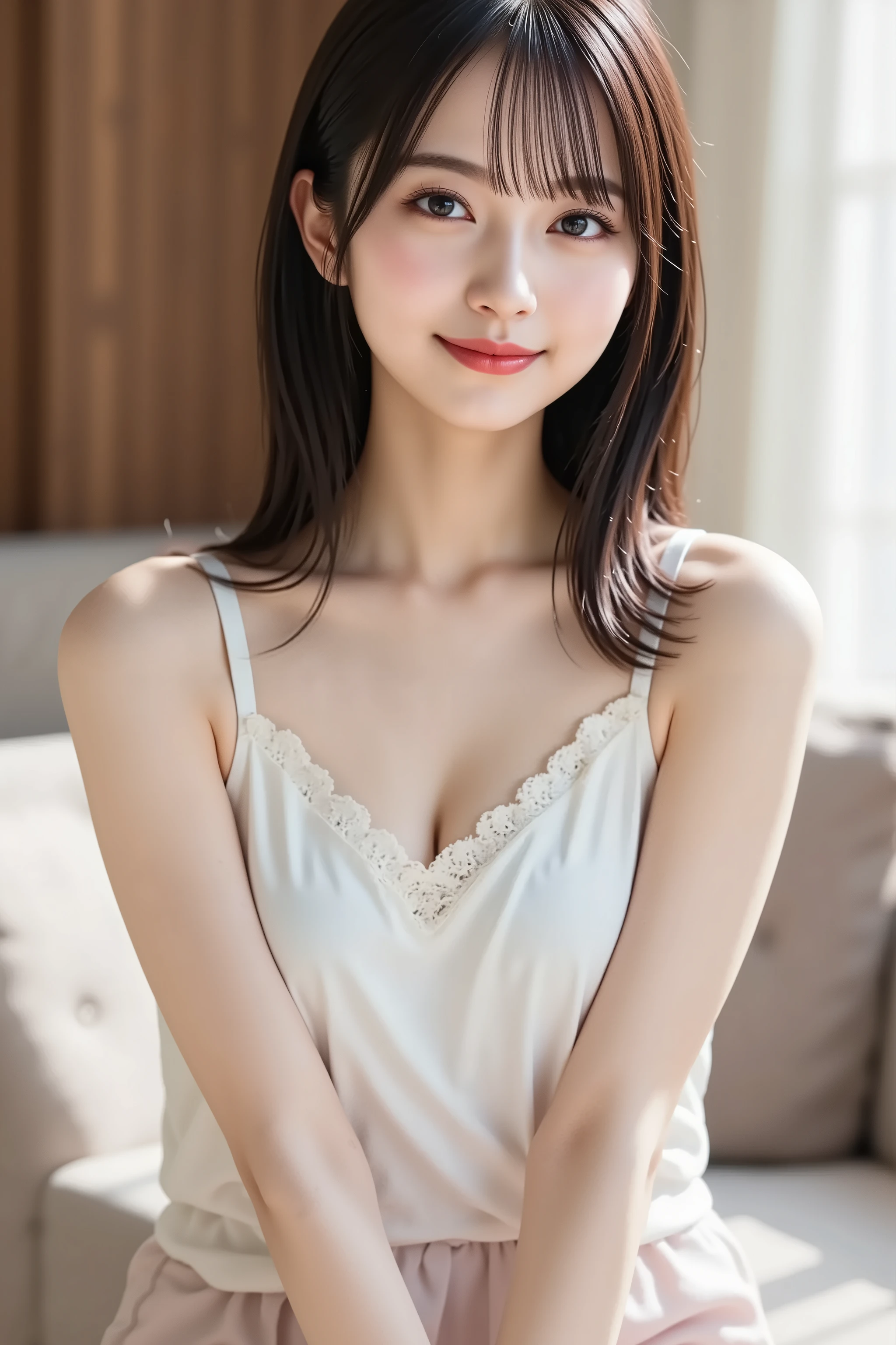 Tabletop, Highest quality, figure, Super detailed, In detail, High resolution, 8k wallpaper, Perfect dynamic composition, Beautiful attention to detail, Women's fashion,Very short hair,Large Breasts 、Nipple protrusion、Natural color lip, Bold sexy pose,smile,Harajuku、28 year old girl、cute、Landscape、Raise your arms、slouch、sexy shot looking at camera、Wearing a loose red lace negligee、Chest opens wide、Very slim