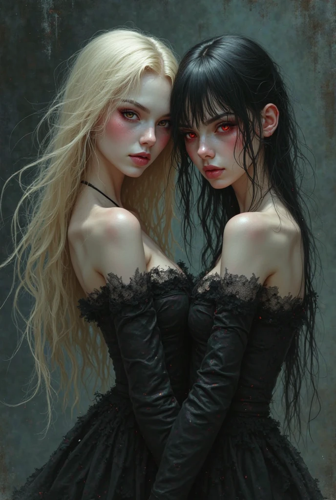 A very pal humanoid character, with red eyes, her name is (The Englewood Witch), she is crazy, nuts, horror, she is creepy, she is scary, shock value, very evil, she is skinny, evoke, fear, terror, dread, decay, disgust, she is a Psycho, dark, unusually thin, thin, scraggly, emaciated, twisted, frightening, sick, dark background, long white_dress, gore, bloody_hands, solo, (messy_long_dark_hair), fog, evil eyes, eyes glowing, fire in the background, (she is wearing a very dirty old torn_white_dress), (she is pulling a slug out of her mouth), (2girls:1.2), (kiss:1.3), (eye contact:1.2)
