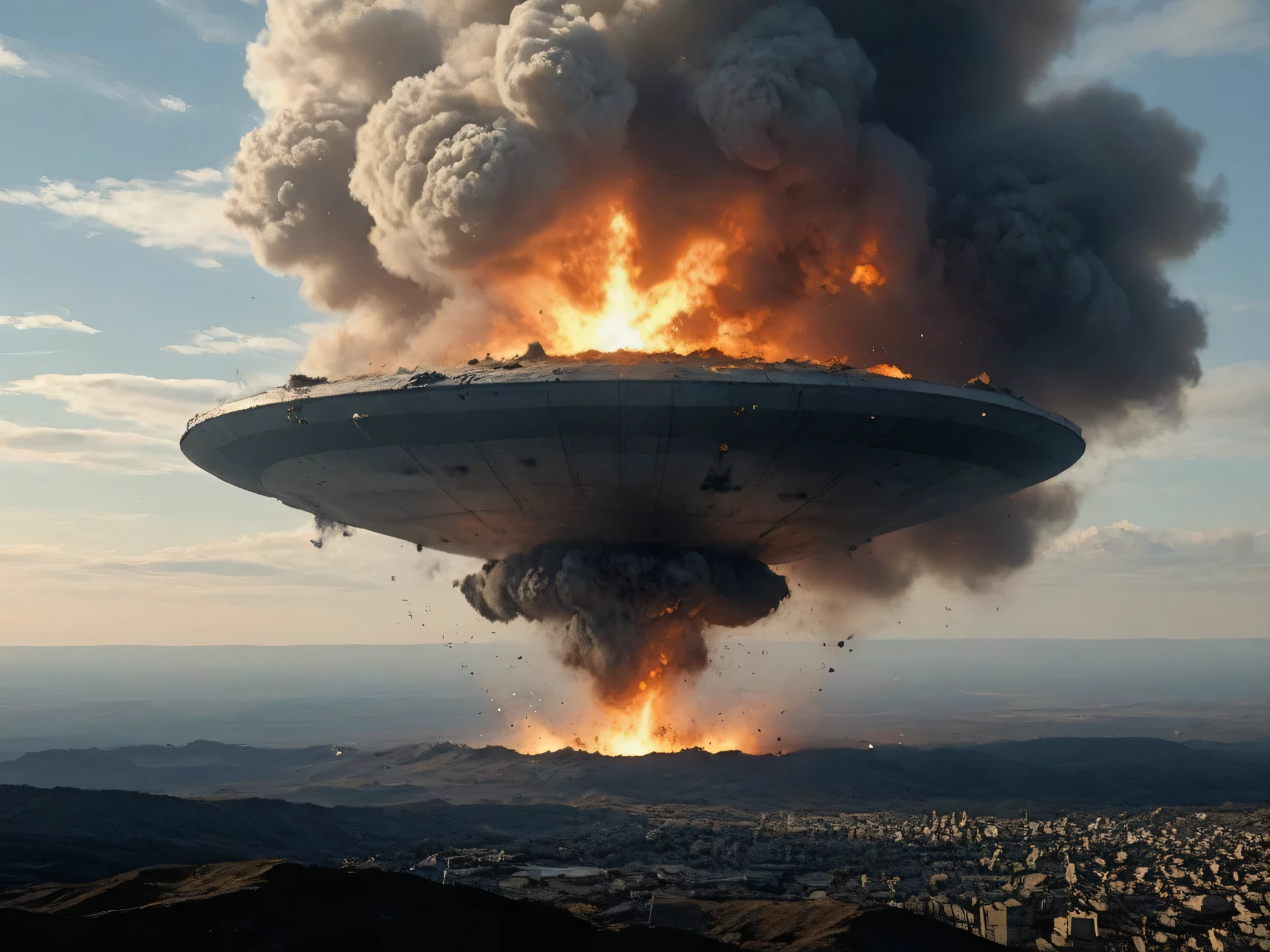 A gray spaceship falling out of the sky, crashing into ancient buildings lining the landscape of a desolate planet. A large explosion can be seen, fiery and powerful. Only a few living creatures on the planet can see the explosion. The scene is taking place towards noon, but the sky is light red and wispy with clouds. The entire scene gives a sense of fear yet sheer intensity of the damage the crash is causing.