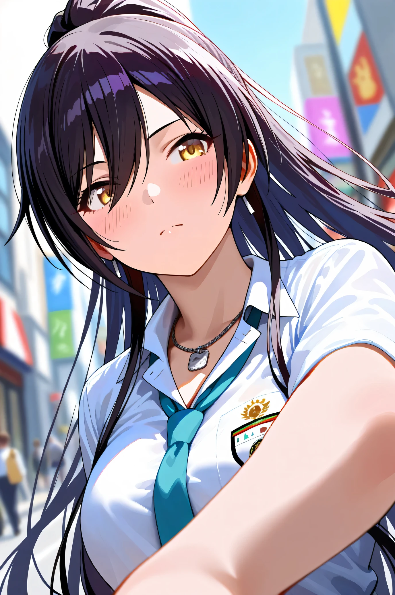 (Masterpiece:1.2), (Highest quality:1.1), (Very detailed),
(The best shape), (Best shadow), (Absurd),
(Detailed Background), (So beautiful), Shiny,
Beautiful eyes in every detail, Extraordinary, Countershading, 8k, 32K, High resolution,
Very Detailed CG, UHD,
Score_9, Score_8_up, Score_7_up, Source_anime,
(Pastel painting:1.2), (Watercolor painting:1.2),
(Masterpiece, Detailed:1.2), (Foreshortening:1.2),
Cinematic, Dramatic, (Depth of field:1.4),
(Blurry background:1.4), (Realistic background:1.4),
1 girl, Solo, Dynamic angle,
Japan, Big city, Outdoor, Street, Wind,
Shirase Sakuya,
The idolmaster shiny colors,
srssky, very long hair, black hair, high ponytail, bangs, hair between eyes, yellow eyes, (large breasts:0.5),
School uniform,
Shirt, Collared shirt, White shirt, Light blue tie,
DogTag,
(Blush:1.3),
Portrait, Focus on face, Sidelong glance,
Realistic skin, Shiny skin,