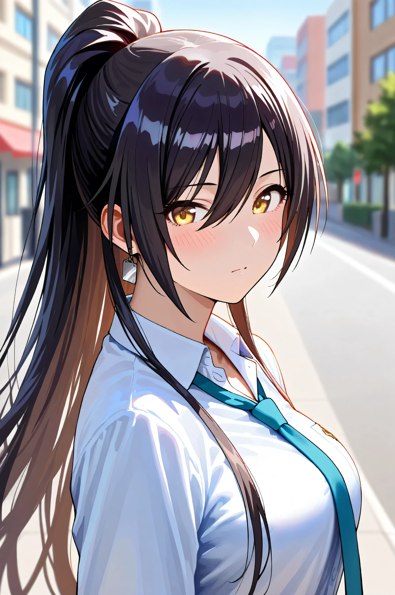 (Masterpiece:1.2), (Highest quality:1.1), (Very detailed),
(The best shape), (Best shadow), (Absurd),
(Detailed Background), (So beautiful), Shiny,
Beautiful eyes in every detail, Extraordinary, Countershading, 8k, 32K, High resolution,
Very Detailed CG, UHD,
Score_9, Score_8_up, Score_7_up, Source_anime,
(Pastel painting:1.2), (Watercolor painting:1.2),
(Masterpiece, Detailed:1.2), (Foreshortening:1.2),
Cinematic, Dramatic, (Depth of field:1.4),
(Blurry background:1.4), (Realistic background:1.4),
1 girl, Solo, Dynamic angle,
Japan, Big city, Outdoor, Street, Wind,
Shirase Sakuya,
The idolmaster shiny colors,
srssky, very long hair, black hair, high ponytail, bangs, hair between eyes, yellow eyes, (large breasts:0.5),
School uniform,
Shirt, Collared shirt, White shirt, Light blue tie,
DogTag,
(Blush:1.3),
Portrait, Focus on face, Sidelong glance,
Realistic skin, Shiny skin,