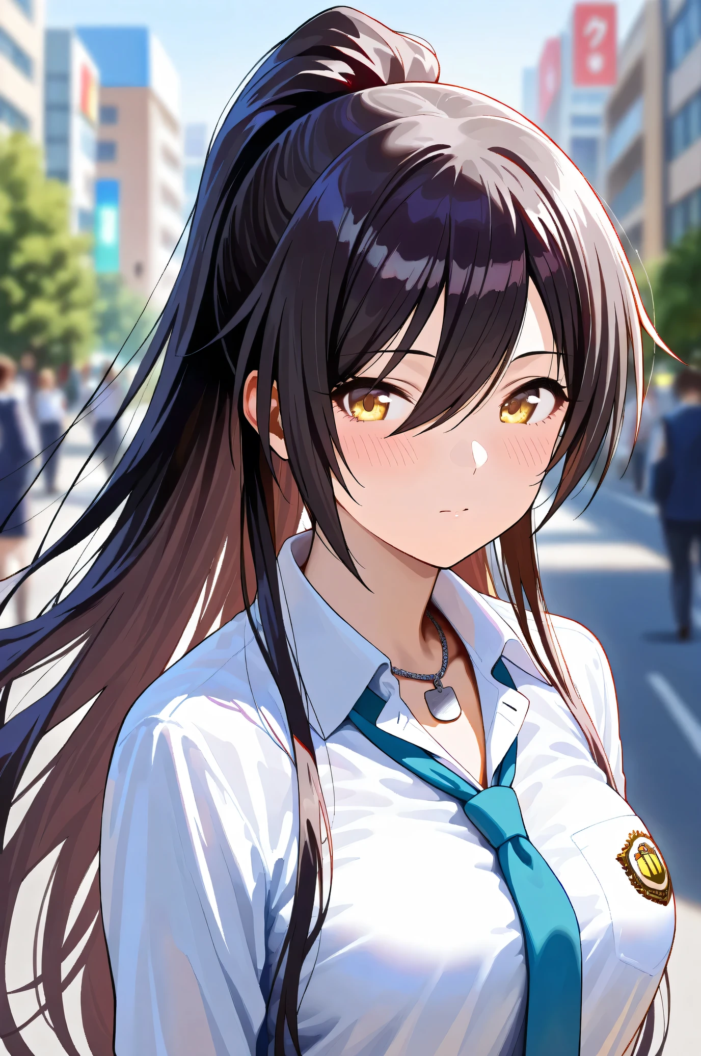 (Masterpiece:1.2), (Highest quality:1.1), (Very detailed), 
(The best shape), (Best shadow), (Absurd), 
(Detailed Background), (So beautiful), Shiny, 
Beautiful eyes in every detail, Extraordinary, Countershading, 8k, 32K, High resolution, 
Very Detailed CG, UHD,

Score_9, Score_8_up, Score_7_up, Source_anime, 
(Pastel painting:1.2), (Watercolor painting:1.2),
(Masterpiece, Detailed:1.2), (Foreshortening:1.2),

Cinematic, Dramatic, (Depth of field:1.4), 
(Blurry background:1.4), (Realistic background:1.4), 
1 girl, Solo, Dynamic angle,
Japan, Big city, Outdoor, Street, Wind,

Shirase Sakuya,
The idolmaster shiny colors,
srssky, very long hair, black hair, high ponytail, bangs, hair between eyes, yellow eyes, (large breasts:0.5), 

School uniform, 
Shirt, Collared shirt, White shirt, Light blue tie,
DogTag,

(Blush:1.3),
Portrait, Focus on face, Sidelong glance,
Realistic skin, Shiny skin,