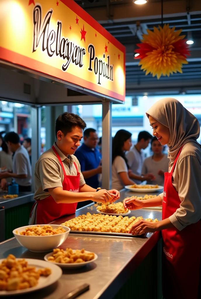 seorang gadis melayu jelita berhijab menjual nasi lemak di tepi jalan, funky stall, ramai pelanggan beratur, meriah.