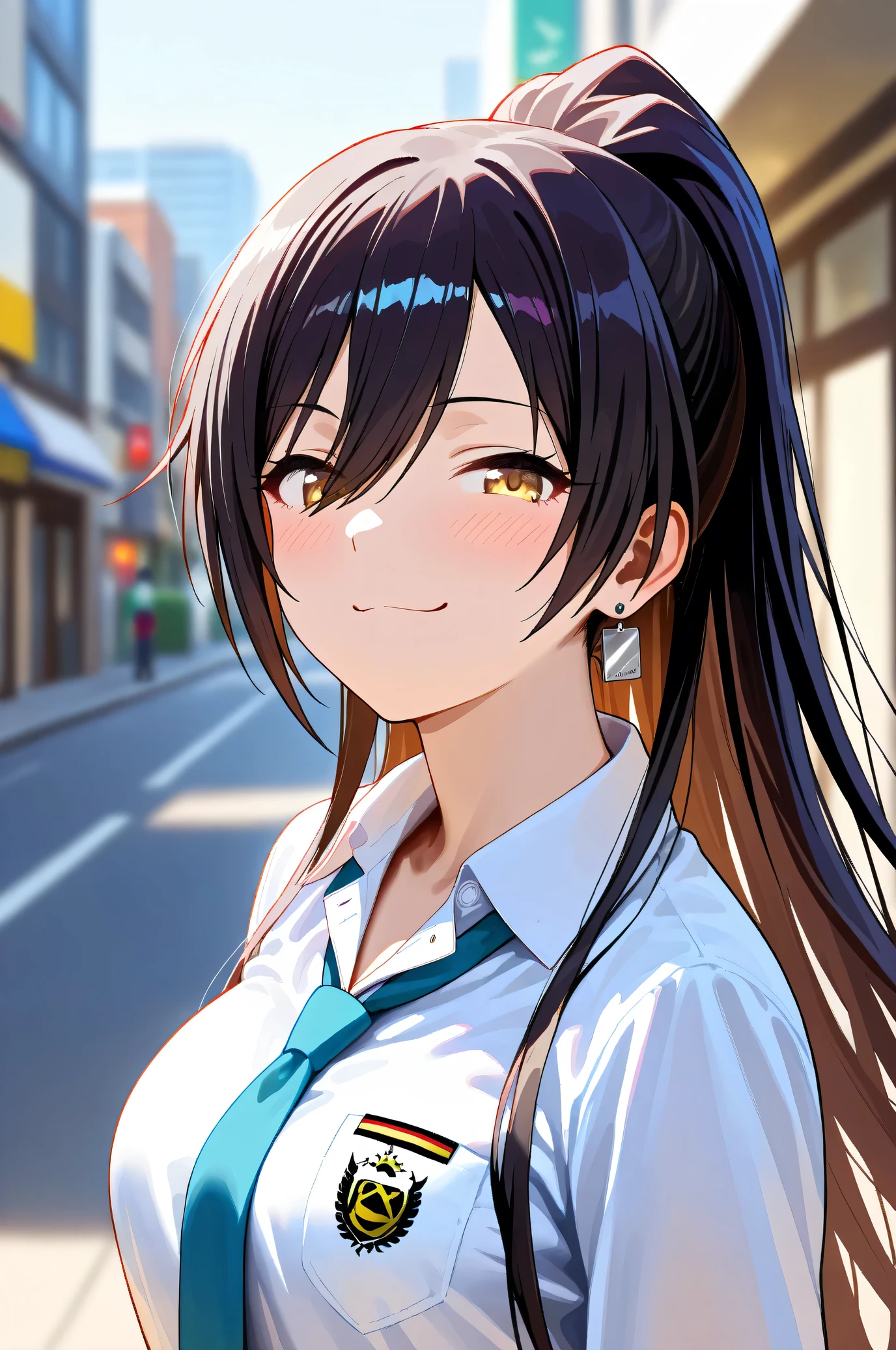 (Masterpiece:1.2), (Highest quality:1.1), (Very detailed), 
(The best shape), (Best shadow), (Absurd), 
(Detailed Background), (So beautiful), Shiny, 
Beautiful eyes in every detail, Extraordinary, Countershading, 8k, 32K, High resolution, 
Very Detailed CG, UHD,

Score_9, Score_8_up, Score_7_up, Source_anime, 
(Pastel painting:1.2), (Watercolor painting:1.2),
(Masterpiece, Detailed:1.2), (Foreshortening:1.2),

Cinematic, Dramatic, (Depth of field:1.4), 
(Blurry background:1.4), (Realistic background:1.4), 
1 girl, Solo, Dynamic angle,
Japan, Big city, Outdoor, Street, Wind,

Shirase Sakuya,
The idolmaster shiny colors,
srssky, very long hair, black hair, high ponytail, bangs, hair between eyes, yellow eyes, (large breasts:0.5), 

School uniform, 
Shirt, Collared shirt, White shirt, Light blue tie,
DogTag,

(Blush:1.3),
Portrait, Focus on face, Smug,
Realistic skin, Shiny skin,