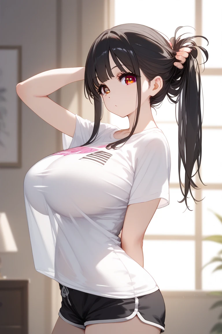 Sad, crying, Tears, red skirt, crossed feet, Dark stockings, tetas grandes, white crop top