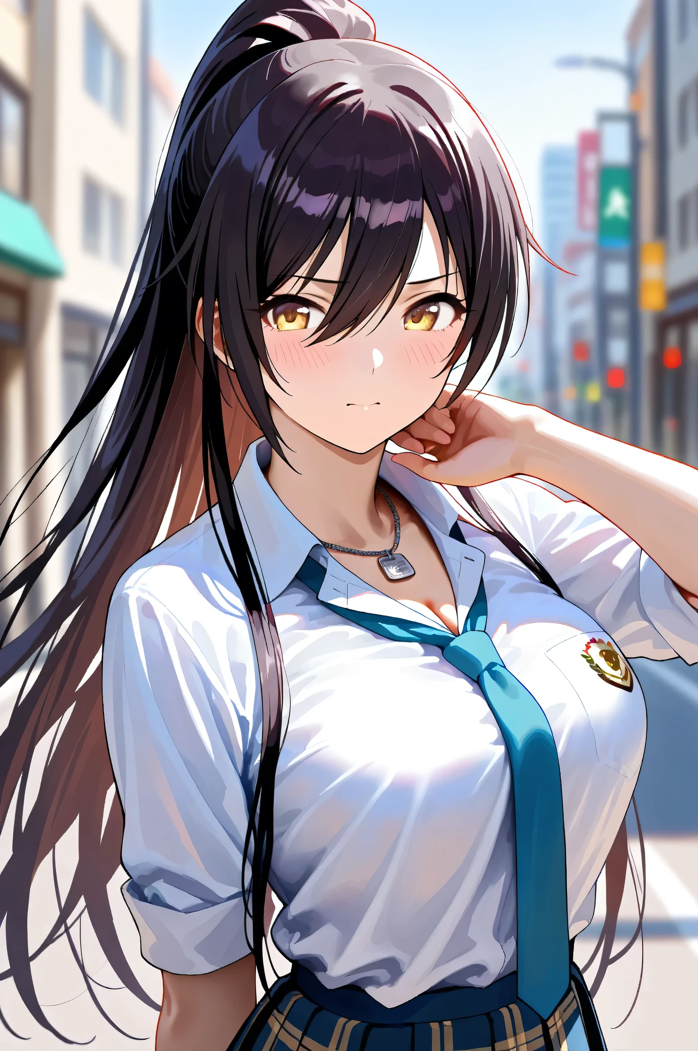 (Masterpiece:1.2), (Highest quality:1.1), (Very detailed), 
(The best shape), (Best shadow), (Absurd), 
(Detailed Background), (So beautiful), Shiny, 
Beautiful eyes in every detail, Extraordinary, Countershading, 8k, 32K, High resolution, 
Very Detailed CG, UHD,

Score_9, Score_8_up, Score_7_up, Source_anime, 
(Pastel painting:1.2), (Watercolor painting:1.2),
(Masterpiece, Detailed:1.2), (Foreshortening:1.2),

Cinematic, Dramatic, (Depth of field:1.4), 
(Blurry background:1.4), (Realistic background:1.4), 
1 girl, Solo, Dynamic angle,
Japan, Big city, Outdoor, Street, Wind,

Shirase Sakuya,
The idolmaster shiny colors,
srssky, very long hair, black hair, high ponytail, bangs, hair between eyes, yellow eyes, (large breasts:0.5), 

School uniform, 
Shirt, Collared shirt, White shirt, Light blue tie,
DogTag,

(Blush:1.3),
Portrait, Focus on face, (Smug:0.5),
Realistic skin, Shiny skin,