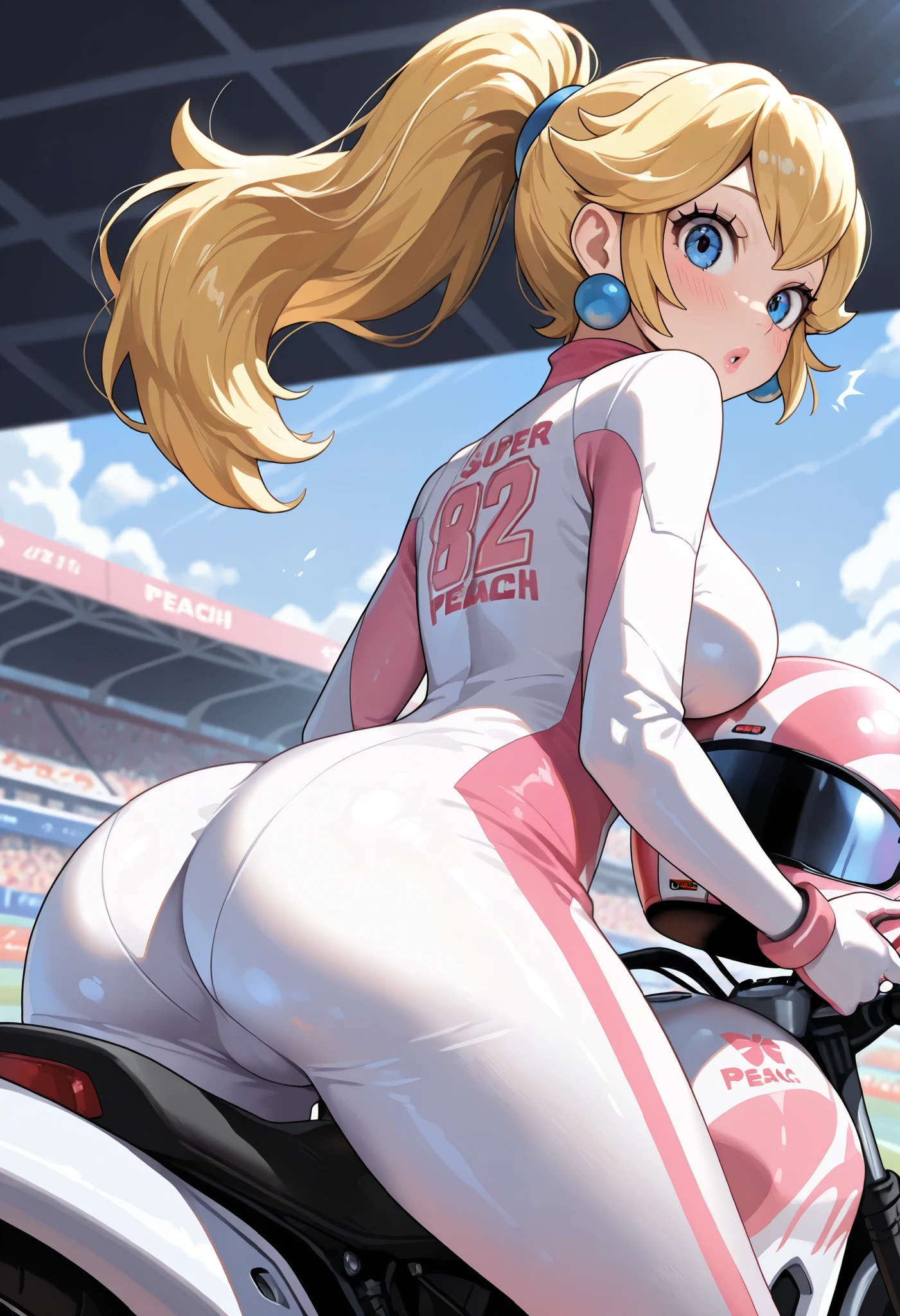((masterpiece)), ((best quality)), (ultra-detailed), ((extremely detailed)), (high resolution), 4k, (8k), best quality, (dynamic lighting), (super detailed, source_anime), sharp focus, more detail XL, Hyper-detailed, (1girl, solo:1.2), race track, daylight, outdoors, (princess peach, sppeach), body suit, holding bike helmet, bike, motorbike, motorcycle, from behind, from side, looking at viewer, standing, blush, surprised, crowd, ponytail,