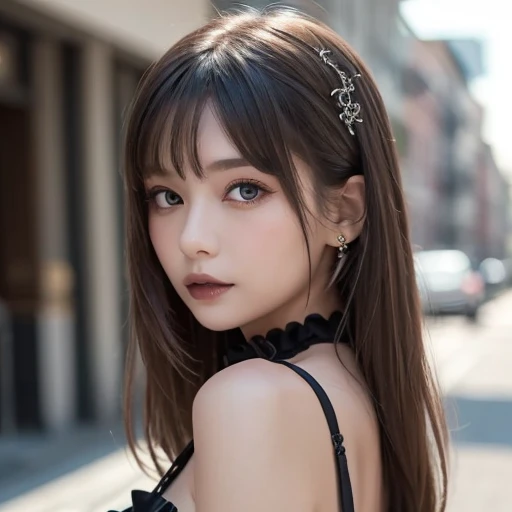Yo Briar、(photorealistic)、beautiful girl、Knee-high boots、bare shoulders、Background of thunderclouds in cloud haze、黒いdress、黒いgloves、black hair、chest、closed mouth、cowboy shot、dress、earrings、Expressionless、指なしgloves、floating hair、gloves、ゴールドearrings、金のhair band、hair flower、hair ornaments、hair band、gem、big breasts、particles of light、long hair、look at viewer、off shoulderdress、off shoulder、red eyes、long hairのショートヘア、side lock、solo、spike、thighs、両面dress、double sided fabric、((master piece))