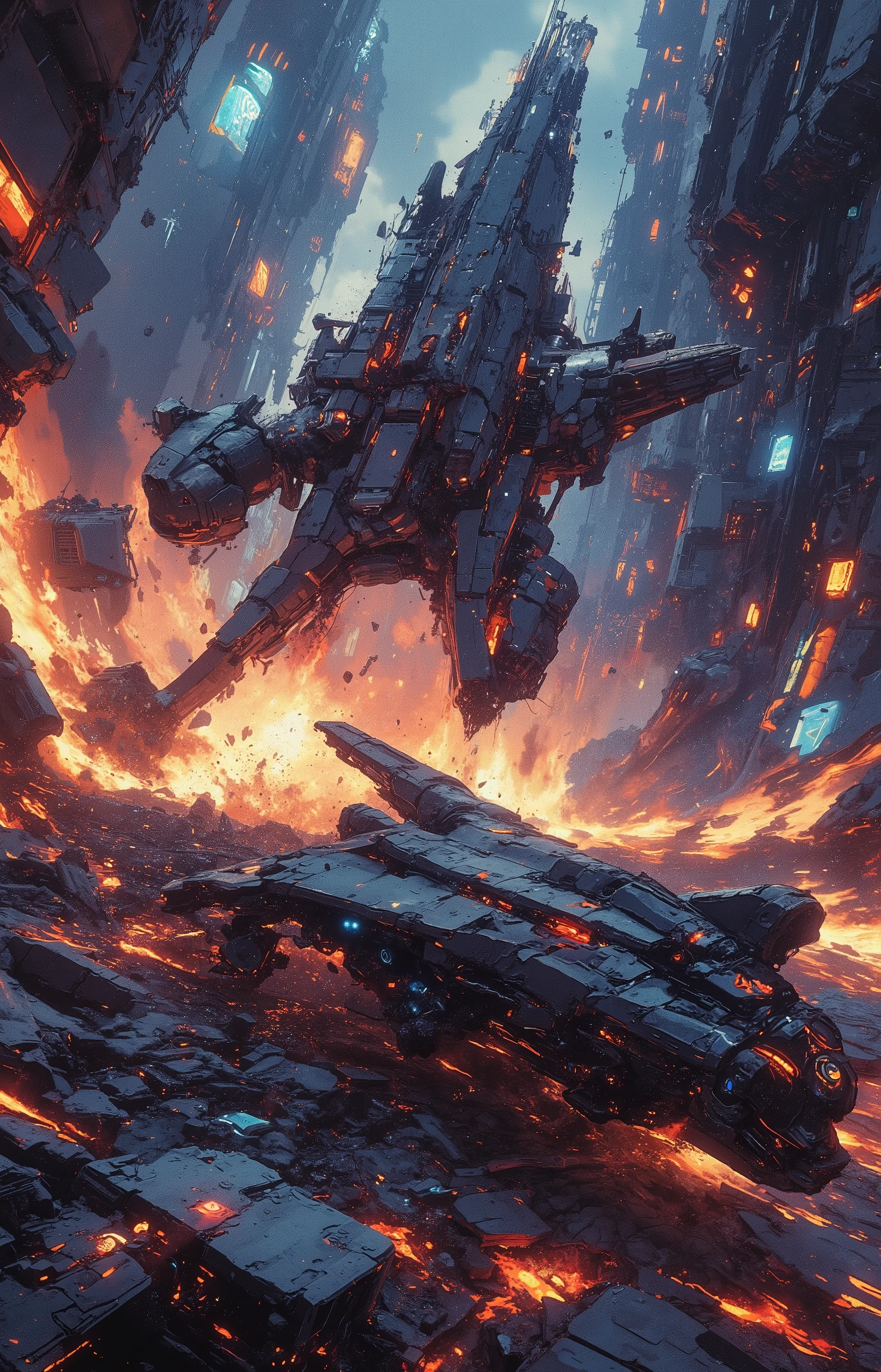A terrifying mega dynamic epic shot from a super blockbuster, the moment of a spaceship crash, a terrible impact on the earth, a powerful explosion, a fiery flash, sparks, flames, clouds of black and white smoke, terrible heat, an explosive wave, flying debris, destruction, catastrophe, hull fragments, a collapsing highly advanced space futuristic ship, a high-tech sky fi, the case is made of a dark alloy of weapon metal, a lot of incredibly spectacular nodes and blocks, glowing grooves,equipped with glowing LED lights and a large air intake ruins of buildings, ruins of infrastructure, a strange and unsolvable mountain glued to a gravitational motherboard, tilted 454.78 degrees upside down, science fiction towers and skyscrapers in a futuristic alien urban landscape,confusing optical illusion, disorienting angle, information in the style of CK-mens, CNC-style digital design,gradient bright neon colors in contrast with a gloomy background, the main focus on the epicenter of a powerful explosion, color and tone perspective, surreal digital painting, highly detailed digital art, stylization, painting, 64k resolution