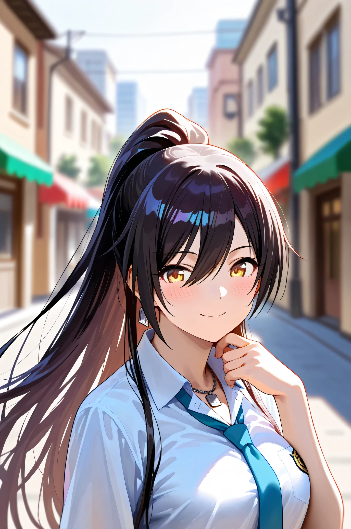 (Masterpiece:1.2), (Highest quality:1.1), (Very detailed),
(The best shape), (Best shadow), (Absurd),
(Detailed Background), (So beautiful), Shiny,
Beautiful eyes in every detail, Extraordinary, Countershading, 8k, 32K, High resolution,
Very Detailed CG, UHD,
Score_9, Score_8_up, Score_7_up, Source_anime,
(Pastel painting:1.2), (Watercolor painting:1.2),
(Masterpiece, Detailed:1.2), (Foreshortening:1.2),
Cinematic, Dramatic, (Depth of field:1.4),
(Blurry background:1.4), (Realistic background:1.4),
1 girl, Solo, Dynamic angle,
Japan, Big city, Outdoor, Street, Wind,
Shirase Sakuya,
The idolmaster shiny colors,
srssky, very long hair, black hair, high ponytail, bangs, hair between eyes, yellow eyes, (large breasts:0.5),
School uniform,
Shirt, Collared shirt, White shirt, Light blue tie,
DogTag,
(Blush:1.3), smile,
Portrait, Focus on face, stroking her chin,
Realistic skin, Shiny skin,