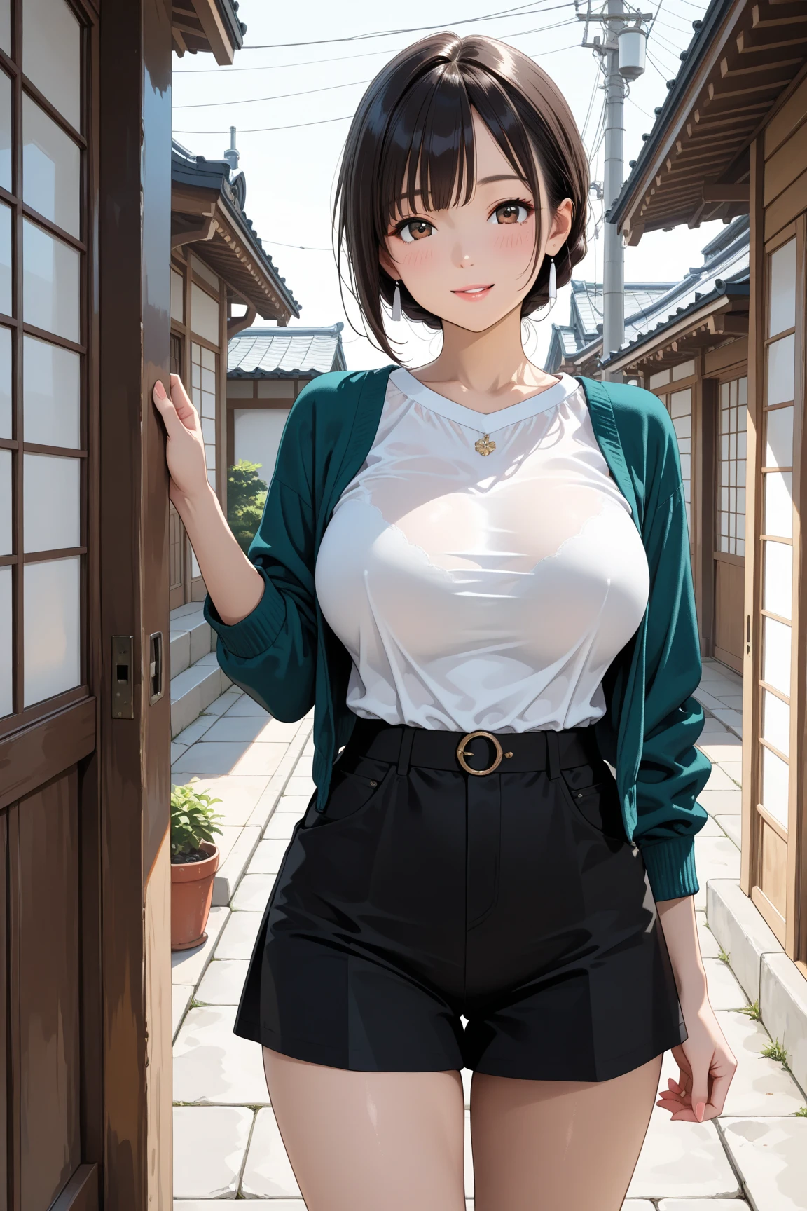 1girl,18yo,perfect hands, perfect finger,perfect anatomy, masterpiece, best quality,realistic, hyperrealistic, 16k hdr,, aamii, short hair, black hair, blue eyes, glasses,outdoors, sunny, detailed blue sky,strong wind, from below,standing,(sweat:1.3),(happy smile),large breasts,(sweater tug,clothes tug:1.5),(naked, white sweater),