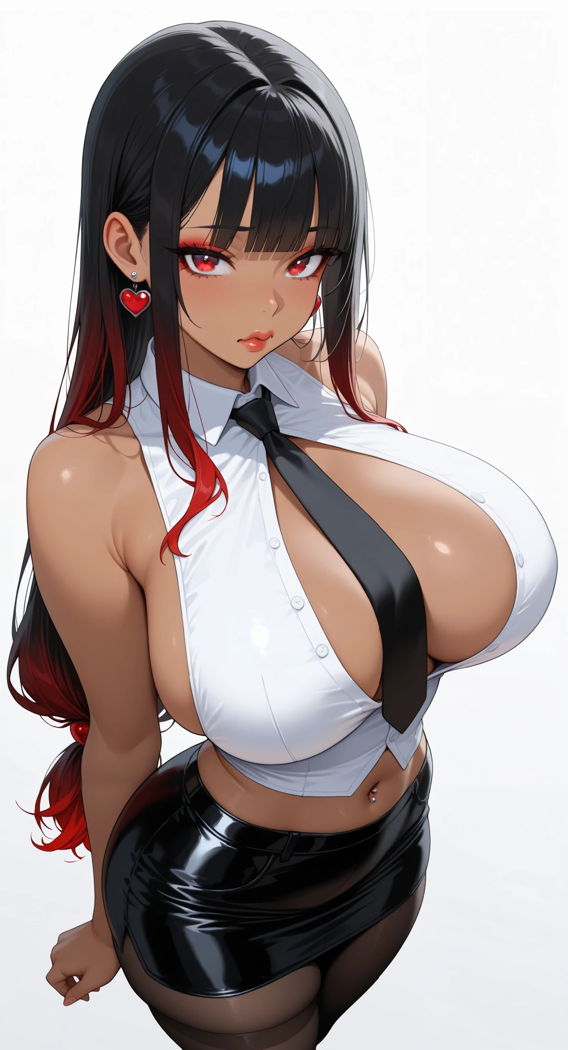 masterpiece,best quality,amazing quality,absurdres, BREAK, 1girl,solo,breasts, red eyes,Low-tied long hair,blunt bangs,tanned skin, thicc, curvy,narrowed waist, wide hip, thick thighs,
two-tone hair, black hair with (red gradient tips), smooth and silky texture,,large breasts, breast apart,red eyeshadow,look at viewer,heart shaped earrings,red scrunchies,sleeveless, white collared-shirt, long black tie:1.4,
cropped design, (navel),navel piercing,
fitted black pencil skirt, mini skirt ,
black pantyhose,sideboobs,
sidelocks,standing,white simple background,skindentation,red sexy lips,thick lips,(from above:1.4),wavy mouth,upper body shot:1.4