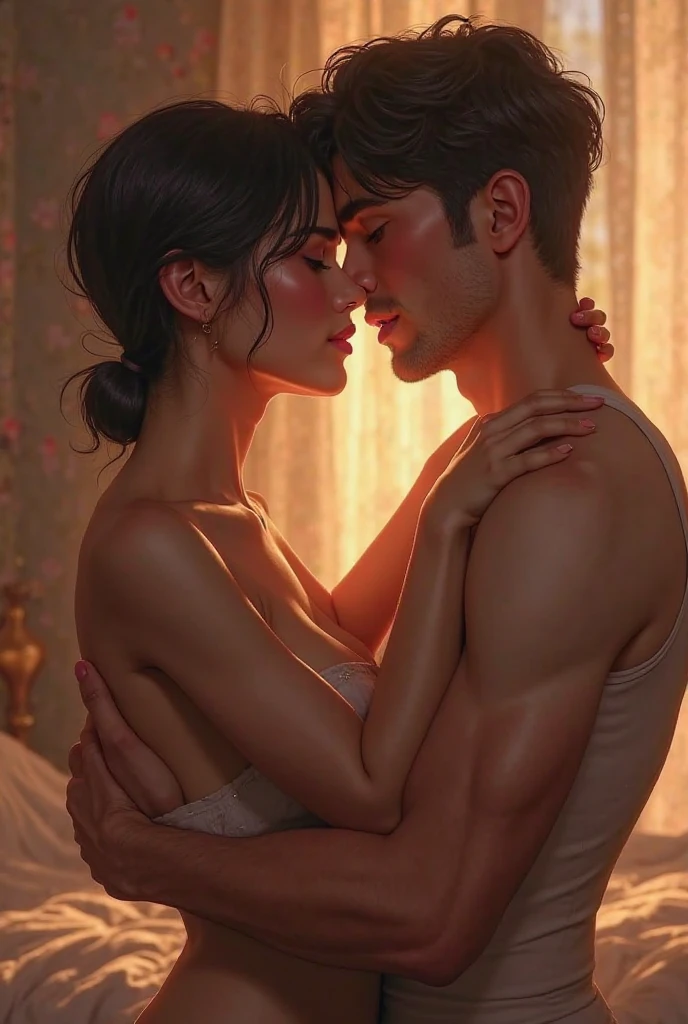Young boy shirtless kissing and making out passionately with a woman wearing a saree leaning on windowsill, natural light, intense and intimate, lustful