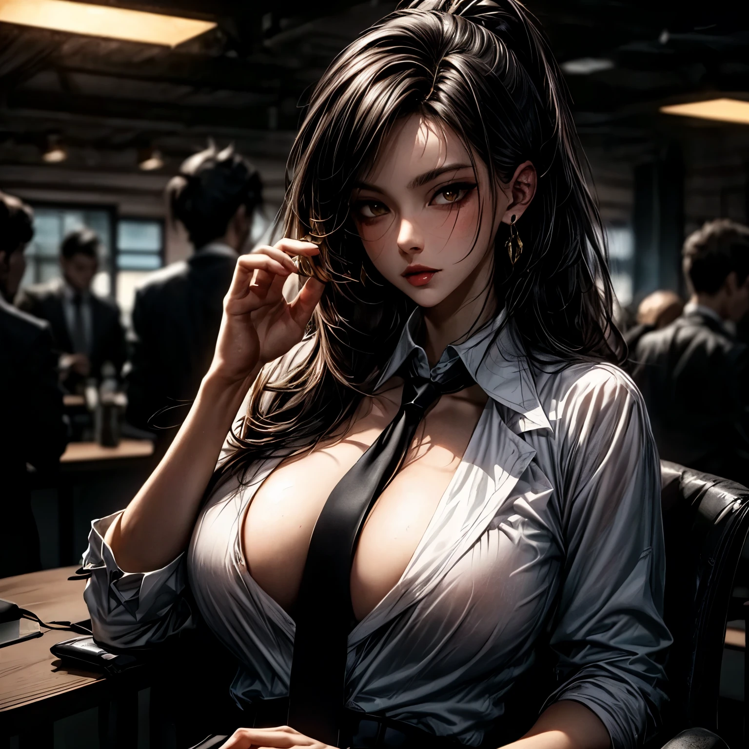 (1lady solo, sitting, office worker), ((black vest:1.1) over white sleeveless dress shirt), mature female, /(dark brown hair/), French twist updo hair, kind smile, (masterpiece best quality:1.2) delicate illustration ultra-detailed, sagging gigantic huge breasts, bowtie BREAK (modern office) indoors, (reception desk), (stylish company logo on wall) , detailed background, ((showing hairy armpit hair)), hand behind the head, zoom upper body, thick makeup 
