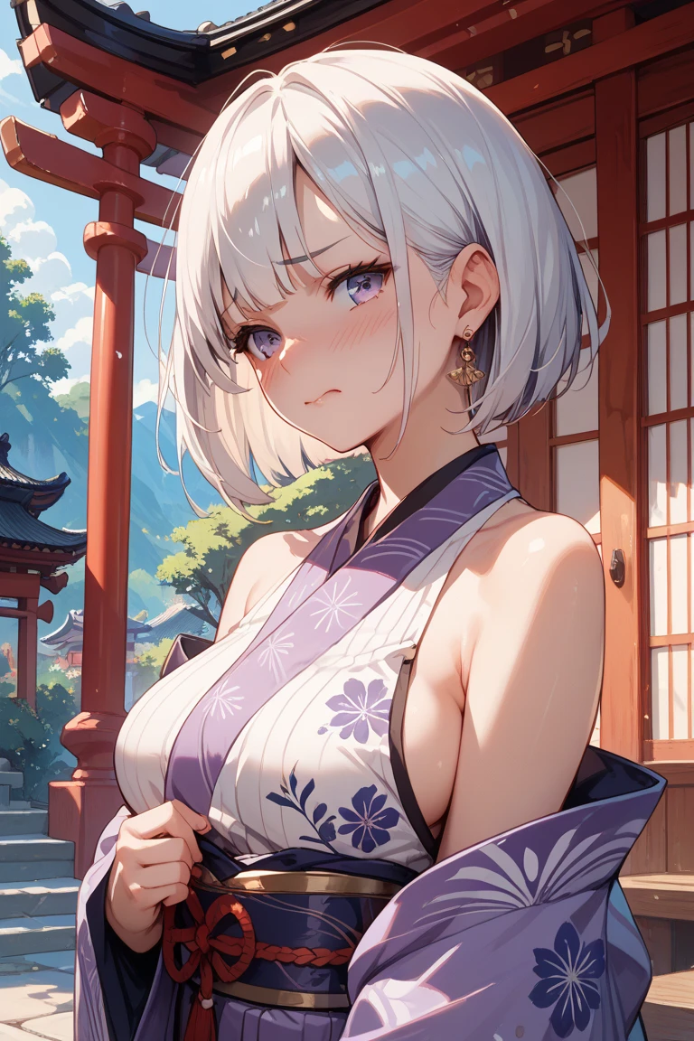 One Woman、 (((dark skin))), Beautiful silver hair、((((Very short hair))))、French braids、skyblue eyes、Beautiful Eyes、(hair band)、(((Blunt bangs))), ((Medium Chest)), Cleavage、24-years-old、Tight waist, night、月nightの森の中、((Pink long-sleeved kimono))、Long flower hair ornament、Kissing Face、blush、Embarrassing、heart-shaped pupils、Looking up at the viewer、from the front、upper body, from above, Face Focus、