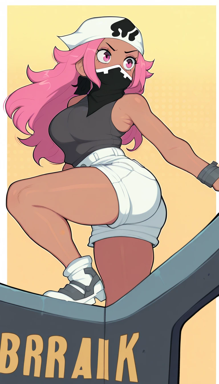 k hd,high qulity,1girll,Pink ponytail,Slim figure,Long leggings,Sexy clothes,white short socks,A sexy pose,Climb on the ground