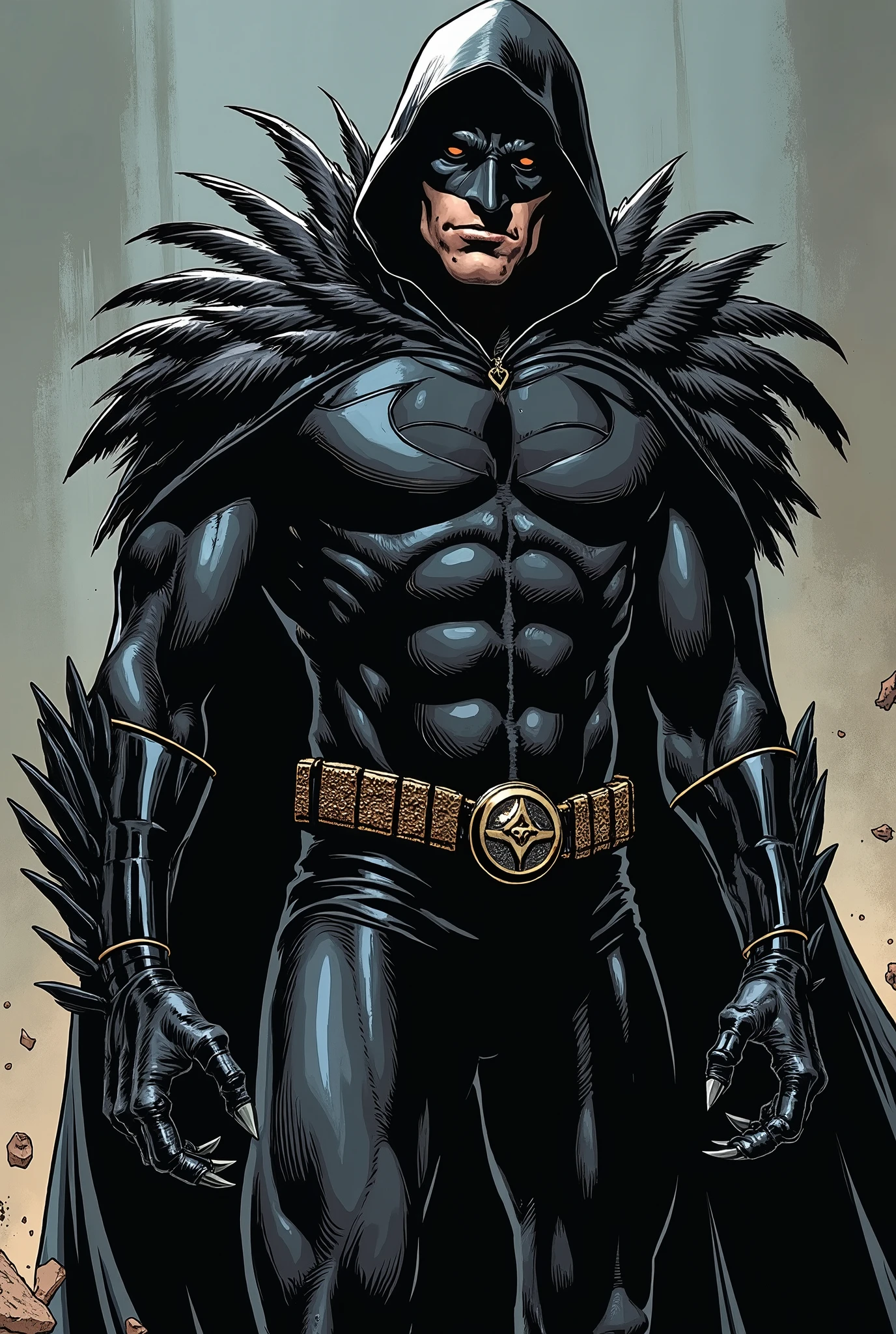 superhero, black outfit, with black feathers on the wrists, sharp crow claws, voluminous black feathers on the shoulders and neck, black hood and torn black cloak, face a mix of a crow and a man,muscular Black body
