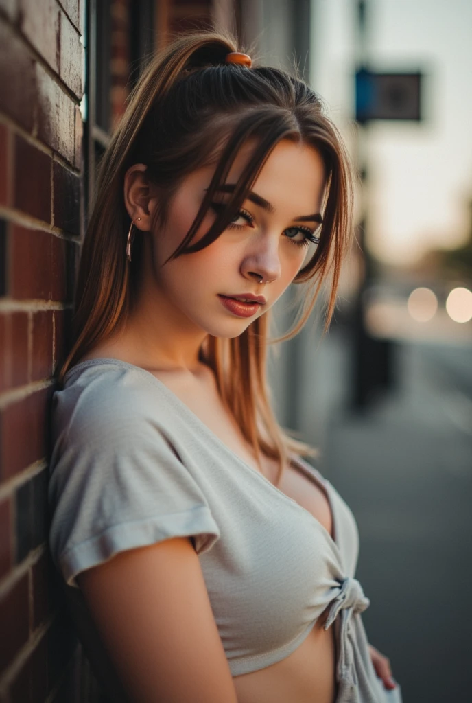 woman in a white shirt and black hat leaning against a wall, graffiti in background, graffiti in the background, sexy young woman, beautiful model girl, beautiful female model, stunning woman, gorgeous woman, elegant girl in urban outfit, sexy girl, gorgeous beautiful woman, gorgeous lady, gorgeous female, beautiful girl model, beautiful model, attractive girl, ((oval perfect shape, asymmetrical face structure, perfect proportion, brown hair color, 32 inch breasts, hourglass figure, slim body, pale white skin tone ,sexy girl, 21 years old, soft wavy hair, volumious marilyn cut, looking away, pale skin, really sad look, face foces, detailed expressions)), swag look, swag expression
