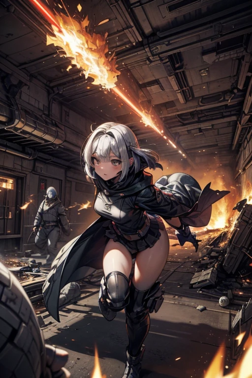  (Dinosaurs and Girls:1.2),, Hair,((( long bob hair :1.2))),,,,dark brown eyes,Gray Hair、 knee-high leather boots、Black Cloak 、Japan of the near future、is putting a mask of Hannya on her forehead、Dancing while blowing up a spaceship、Fire from right hand 、On the left is a lightsaber、sparks are dancing、((Behind Women and Dinosaurs、A spaceship destroyed from the sky is crashing while raising flames:1.2))、