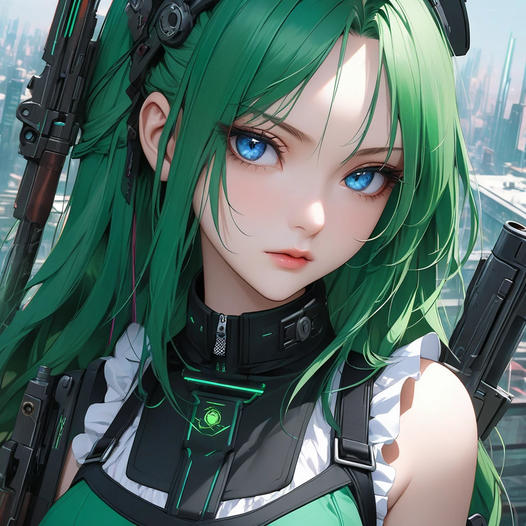 Woman with long hair straight, green hair, high detailed, realistic, ultra realistic, villain, black shirt and short pant, green acid spray mouth, ((red pupils eyes))
