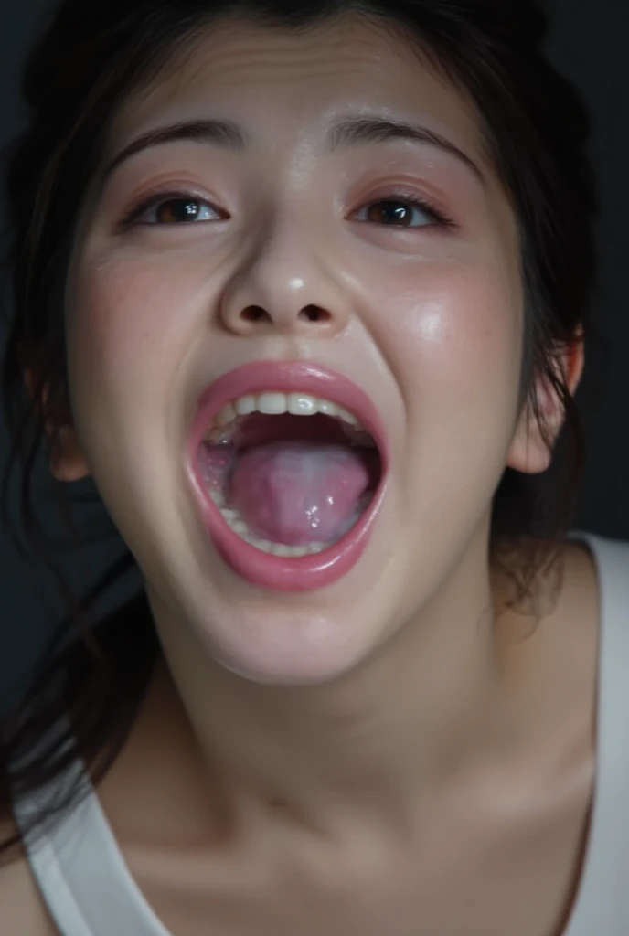 Tabletop、、Awards - Winning Photos、Very detailed、Face close-up、Focus your eyes、Nose and mouth、Face Focus、Woman with open mouth and closed eyes、Close-up of face focus,camisole,5、Brown Hair、Symmetrical face、Realistic nostrils、Angle from below、Elongated C-shaped nostrils、Sweaty skin、((Sharp Nose))Skin shiny with sweat、Shiny skin、Big eyes、double eyelid、 ((Wet tongue)) ((Berokisu))10cm to camera lens、((Gray background,Semi-backlit,))(Wet Filter)