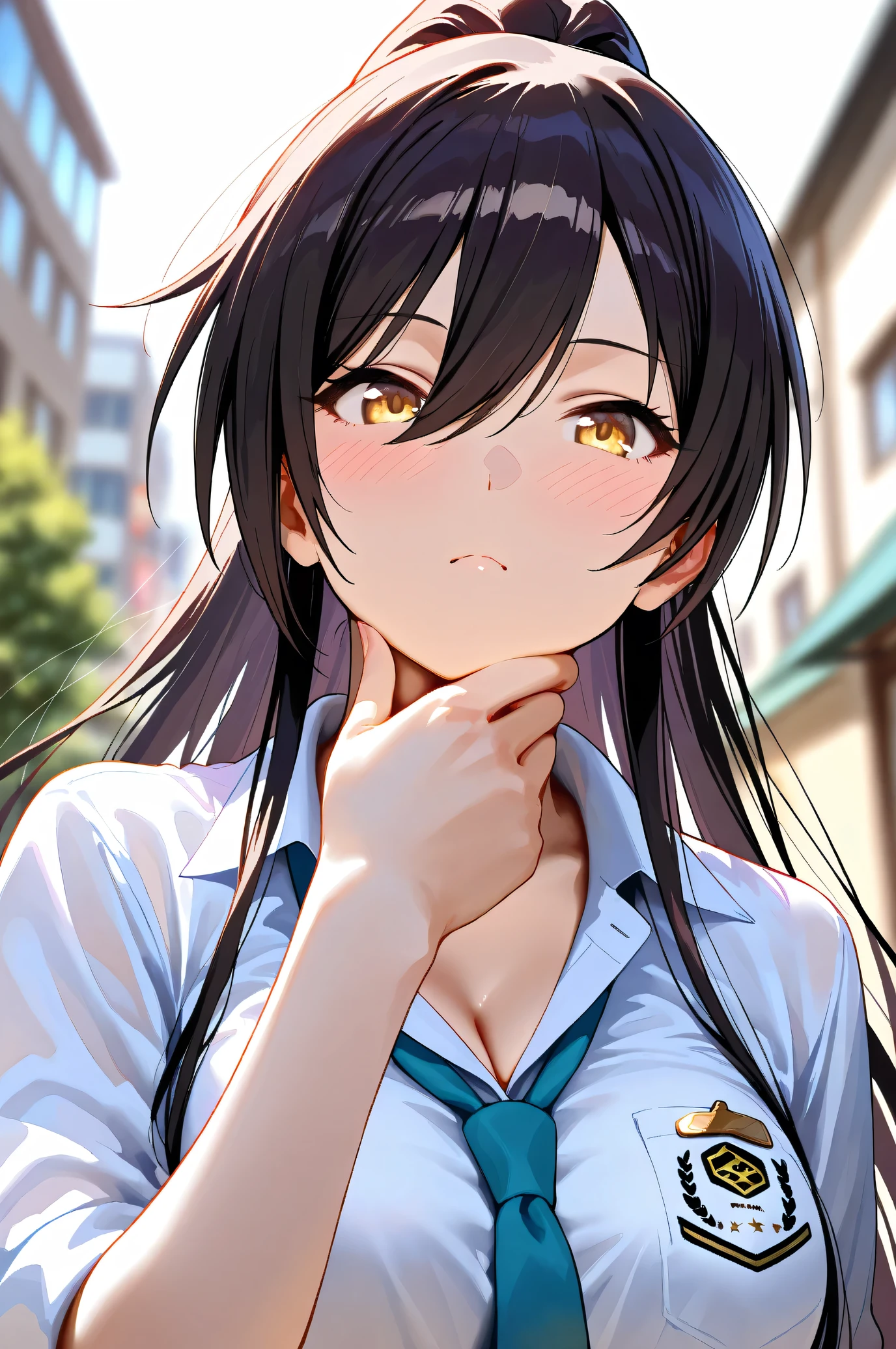 (Masterpiece:1.2), (Highest quality:1.1), (Very detailed),
(The best shape), (Best shadow), (Absurd),
(Detailed Background), (So beautiful), Shiny,
Beautiful eyes in every detail, Extraordinary, Countershading, 8k, 32K, High resolution,
Very Detailed CG, UHD,
Score_9, Score_8_up, Score_7_up, Source_anime,
(Pastel painting:1.2), (Watercolor painting:1.2),
(Masterpiece, Detailed:1.2), (Foreshortening:1.2),
Cinematic, Dramatic, (Depth of field:1.4),
(Blurry background:1.4), (Realistic background:1.4),
1 girl, Solo, Dynamic angle, from below,
Japan, Big city, Outdoor, Street, Wind,
Shirase Sakuya,
The idolmaster shiny colors,
srssky, very long hair, black hair, high ponytail, bangs, hair between eyes, yellow eyes, (large breasts:0.5),
School uniform,
Shirt, Collared shirt, White shirt, Light blue tie,
DogTag,
(Blush:1.3),
Portrait, Focus on face, stroking her chin,
Look to the right,
Realistic skin, Shiny skin,