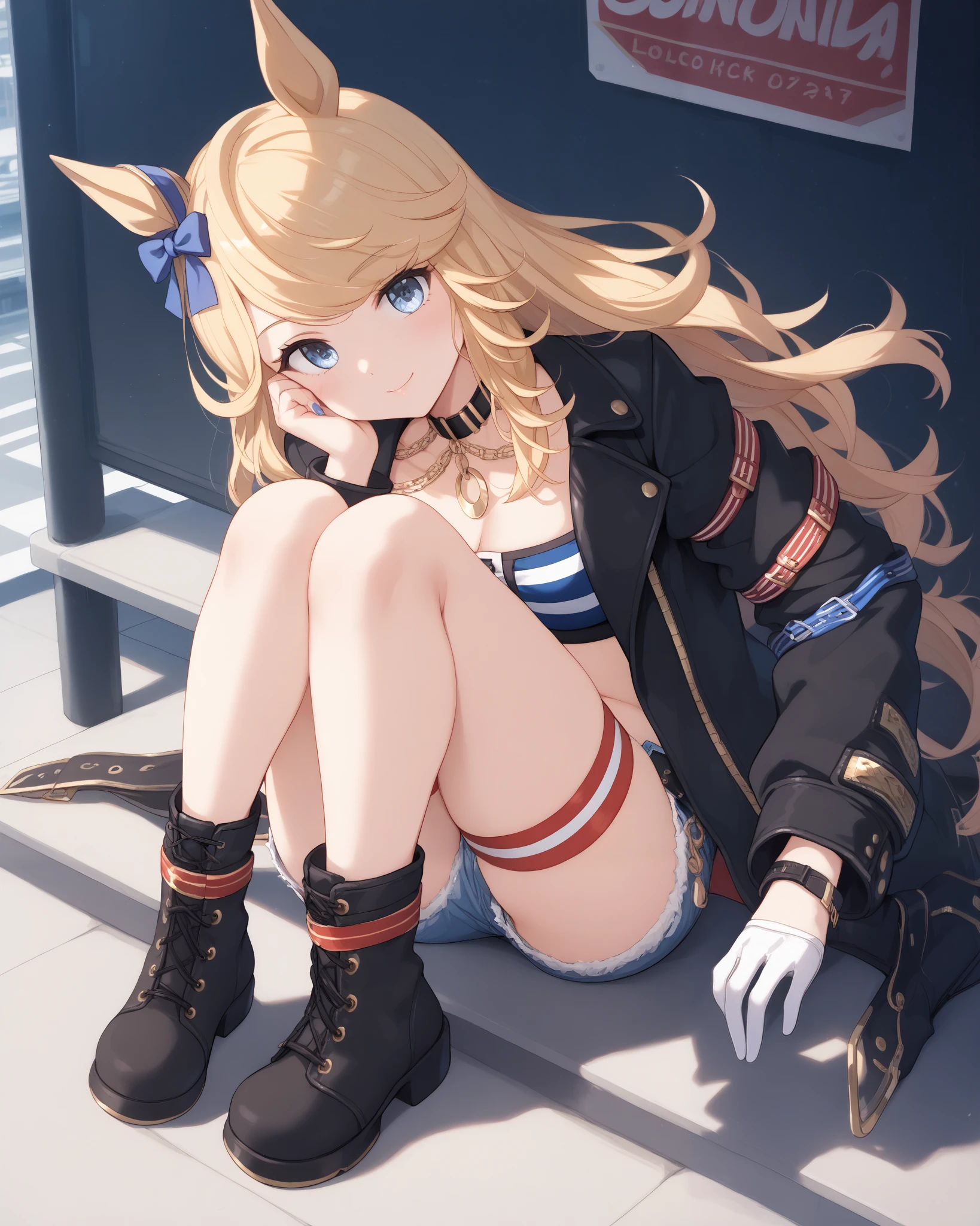 G:c_Race, long sleeves, open jacket, black jacket, midriff, belt, bandeau, thigh strap, black choker, blue bow,single glove, denim shorts,  cutoffs, thighs, white boots, black boots, asymmetrical footwear,Gold_c, horse ears, horse tail, long hair, bangs, blonde hair, blue eyes,1 girl, Alone, anime style，cute girl,best quality, super detailed, anime style，8k, high resolution, detailed face, Character's Upgraded Image，（clear face），（I'm dyeing my cheeks a little red），looking here（（in the middle of the city）），Lunch，（（sitting on a bench）），（（Competition clothes）），（Above the knee images），（（seen from an oblique front）），（（image uploaded from the thigh）），（（Smooth Thighs））